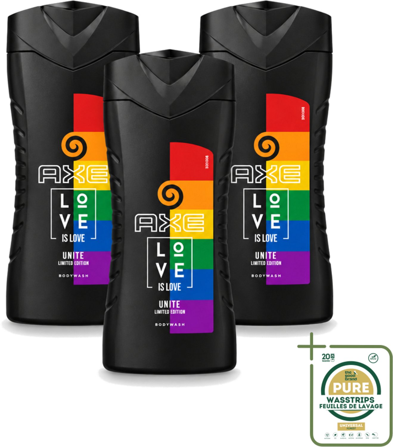 3 x AXE – Bodywash – Unite Love Is Love – 250 ml - Wasstrips - Douchegel - Africa - Frisheid - Schuim - Reiniging