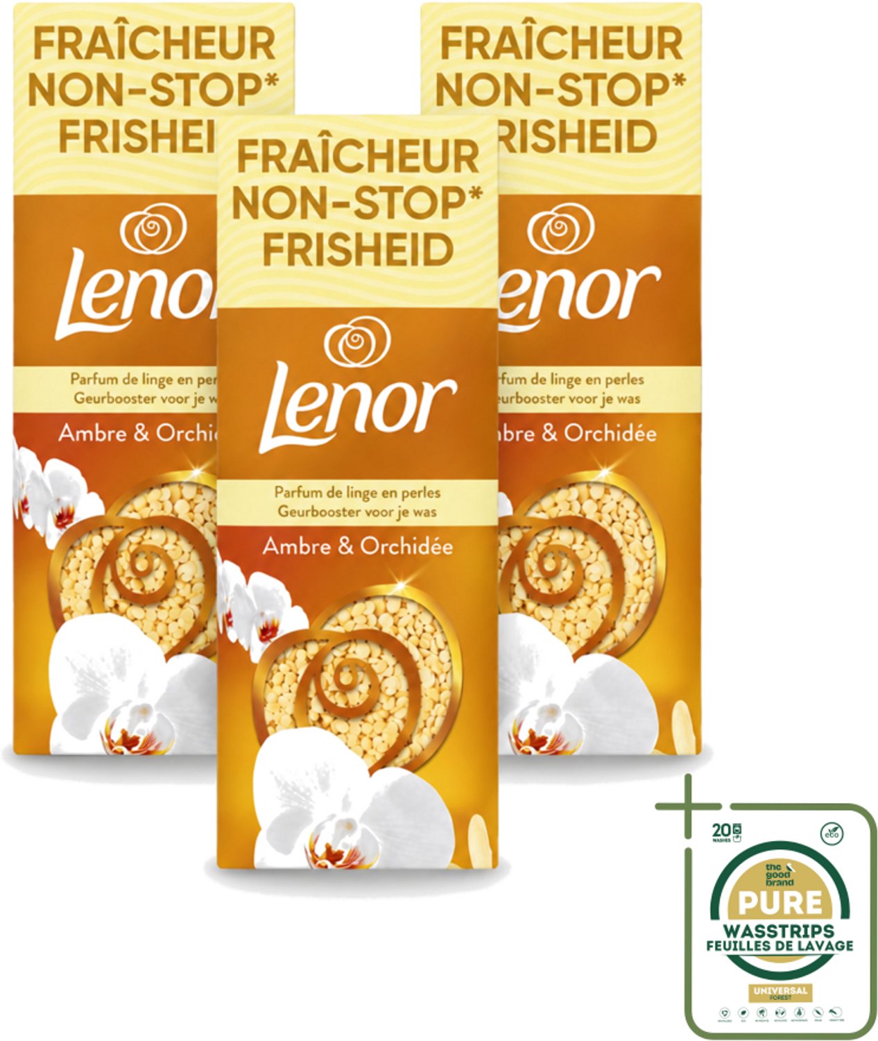 3 x Lenor – Geurbooster – Amber & Orchidee – 12 Wasbeurten – 155 g - Wasstrips - Geurparels - Wasgeur - Luxegeur - Orchidee - Vanille