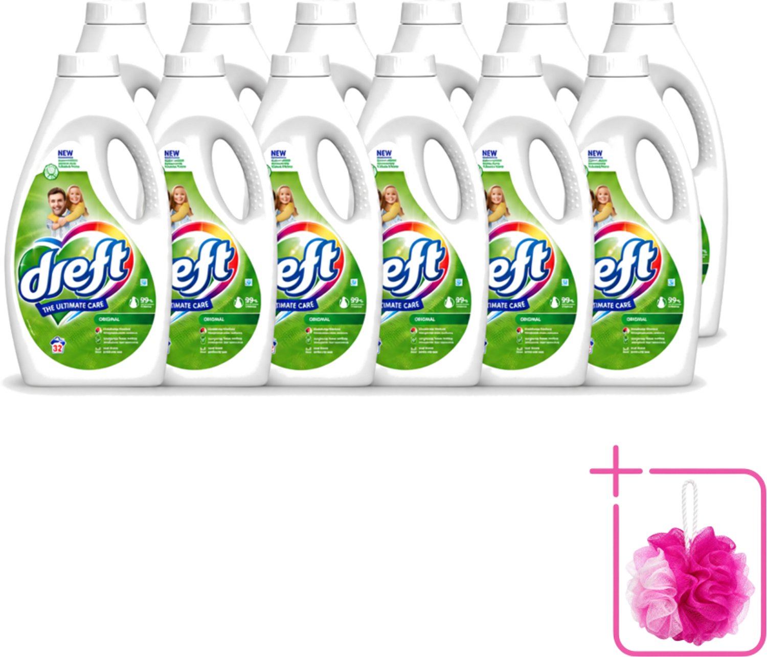 12 x Dreft - Ultimate Care - Vloeibaar Wasmiddel - Gekleurde Was - Original - 32 Wasbeurten - Bulkverpakking - Kleurbeveiliging - Douchemop - Vloeibaar wasmiddel