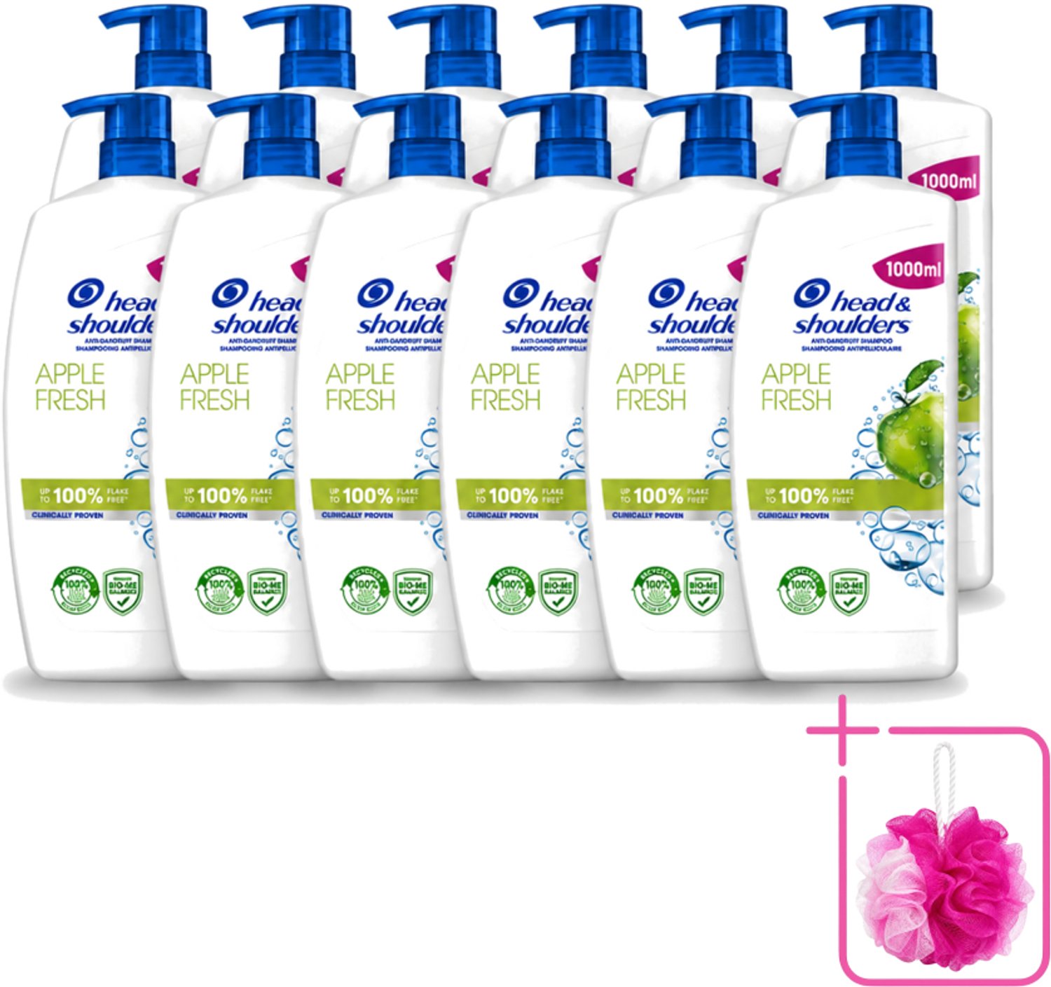 12 x Head & Shoulders - Anti-Roos Shampoo - Apple Fresh - Pompflacon - 1000 ml - Bulkverpakking - Roosvrij haar - Douchemop - Anti-roos shampoo