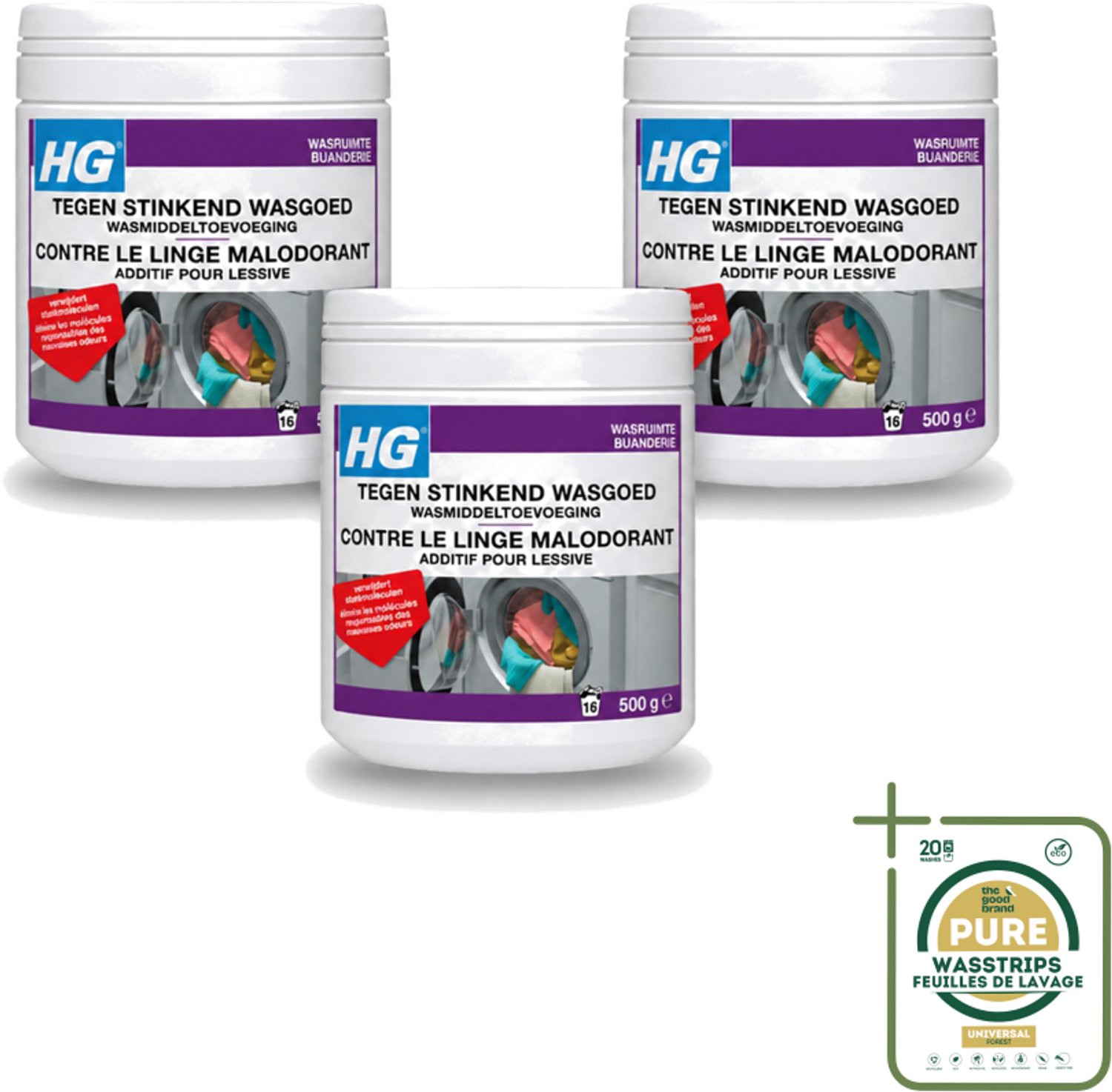 3 x HG - Wasruimte - Tegen Stinkend Wasgoed - Wasmiddeltoevoeging - 500 g - Wasstrips - Wasmiddel Tegen Stank - Stinkend Wasgoed - Wasmiddel Toevoeging - Stankmoleculen Verwijderen - Fris Wasgoed