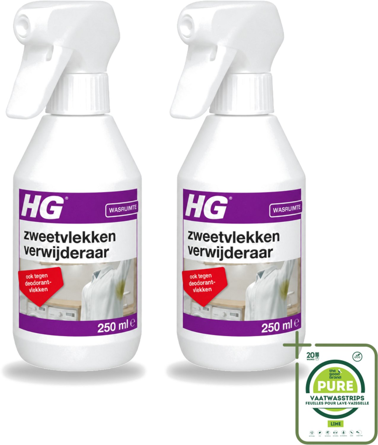 2 x HG - Wasruimte - Zweetvlekkenverwijderaar - Tegen Deodorantvlekken - 250 ml - Grootverpakking - Vaatwasstrips - Zweetvlekken Verwijderen - Gele Vlekken Verwijderen - Deodorantvlekken Verwijderen - Textiel Reinigen - Wasmiddel Voor Vlekken