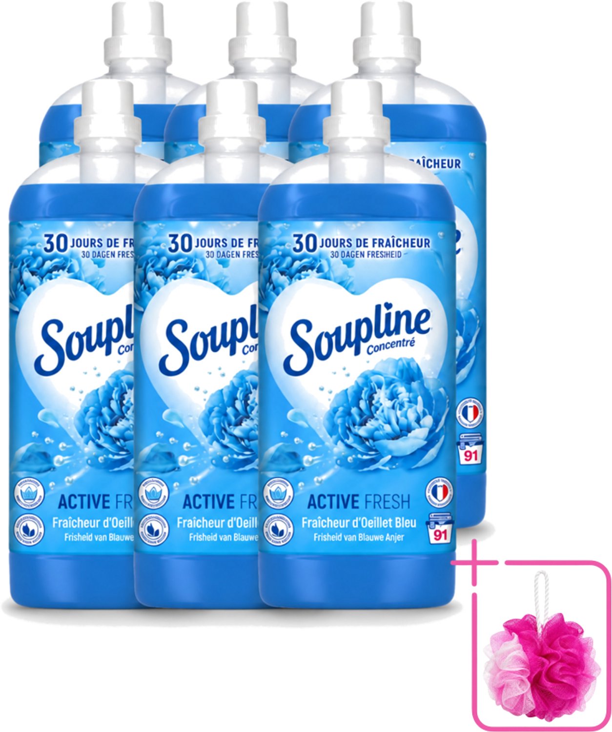 6 x Soupline – Wasverzachter – Active Fresh Frisheid van Blauwe Anjer – 2 L - Bulkverpakking - Wasverzachter - Douchemop - Frisheid