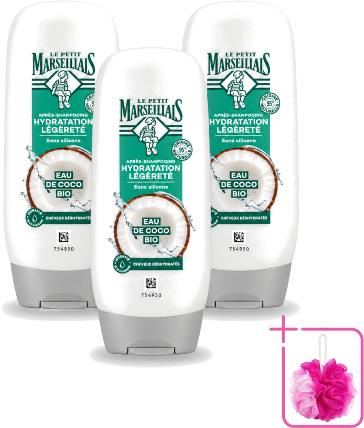 3 x Le Petit Marseillais – Conditioner – Eau de Coco Bio – 250 ml - Bulkverpakking - Conditioner kokoswater - Douchemop - Hydraatatie haar
