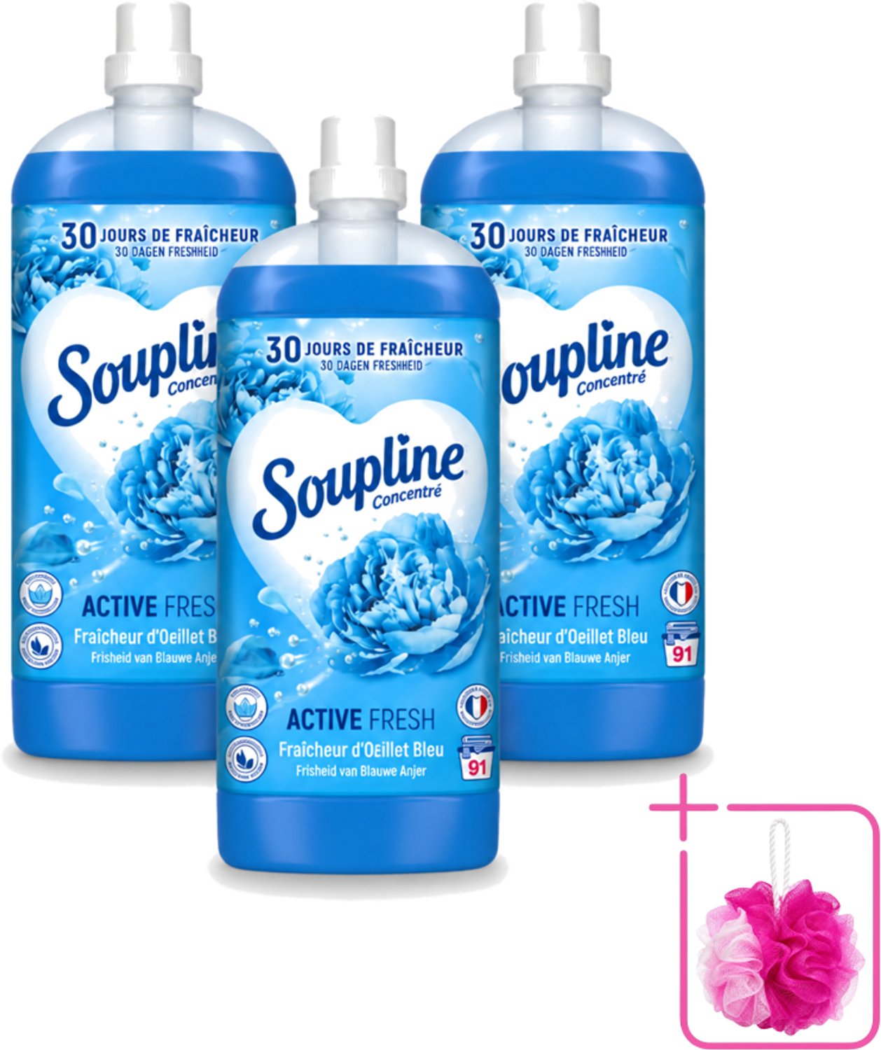 3 x Soupline – Wasverzachter – Active Fresh Frisheid van Blauwe Anjer – 2 L - Bulkverpakking - Wasverzachter - Douchemop - Frisheid