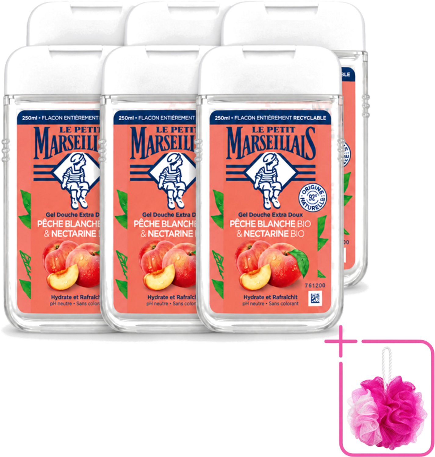6 x Le Petit Marseillais – Douchegel – Pêche Blanche & Nectarine Bio – 250 ml - Bulkverpakking - Douchegel - Douchemop - Biologische douchegel
