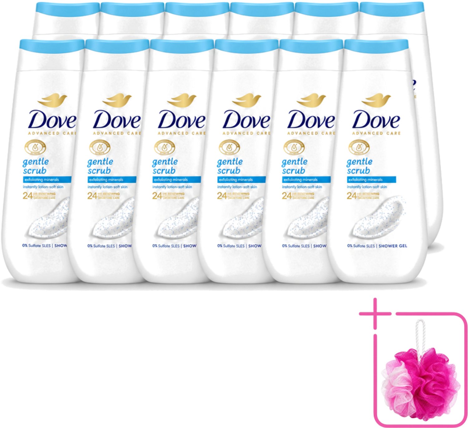 12 x Dove – Douchegel – Advanced Care Gentle Scrub – 225 ml - Bulkverpakking - Douchegel - Douchemop - Exfoliatie