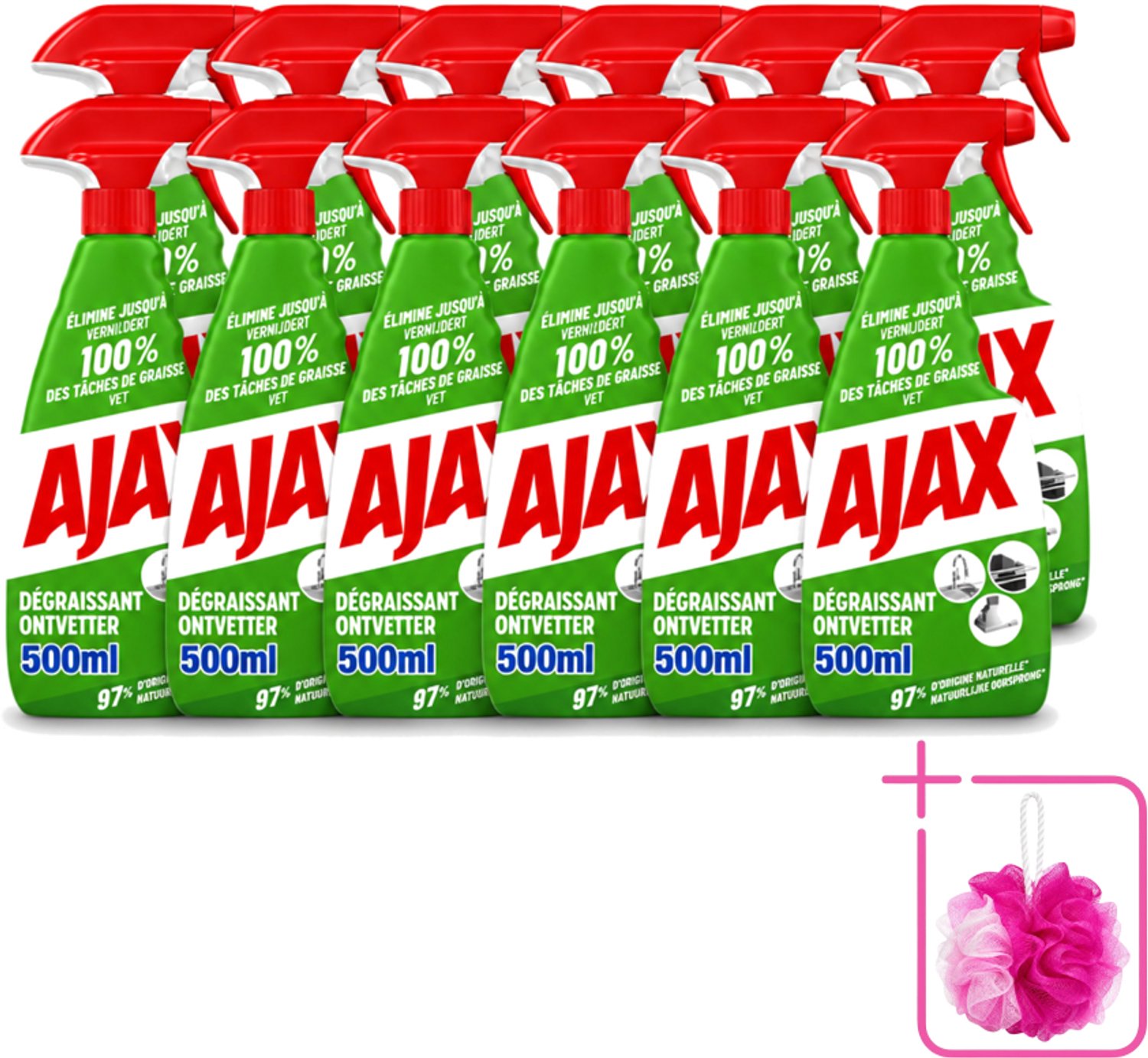 12 x Ajax – Ontvetter Spray – 500 ml - Bulkverpakking - Ajax ontvetter - Douchemop - Ontvetter spray 500 ml