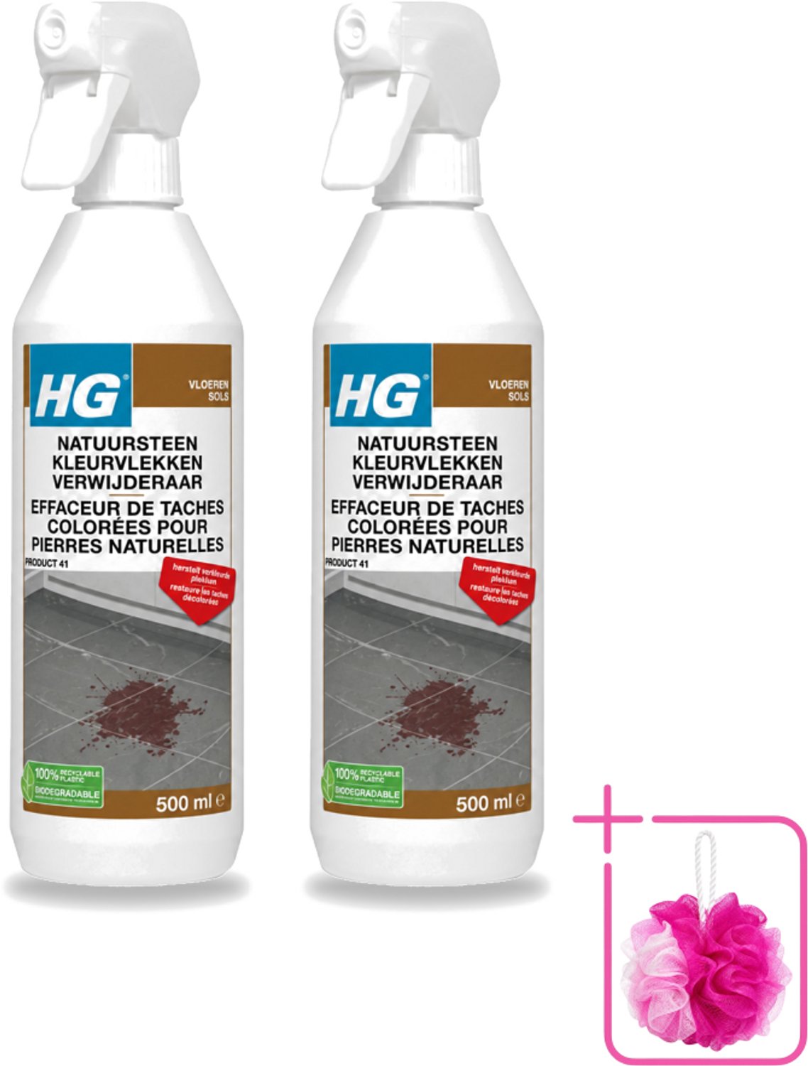 2 x HG - Natuursteen Kleurvlekken Verwijderaar - Hersteld Verkleurde Plekken - 500 ml - Bulkverpakking - Natuursteen vlekkenverwijderaar - Douchemop - Vlekken verwijderen