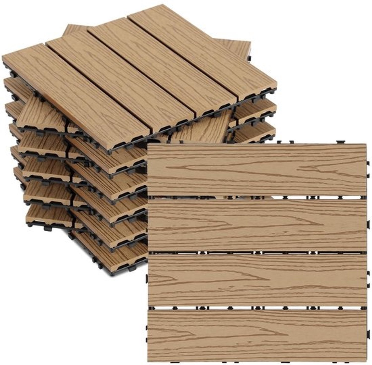WPC Terrastegels - Houtlook Tegels - Buitenruimte Verfraaien - Kliksysteem Drainage - 30x30cm 11 Stuks - Teak