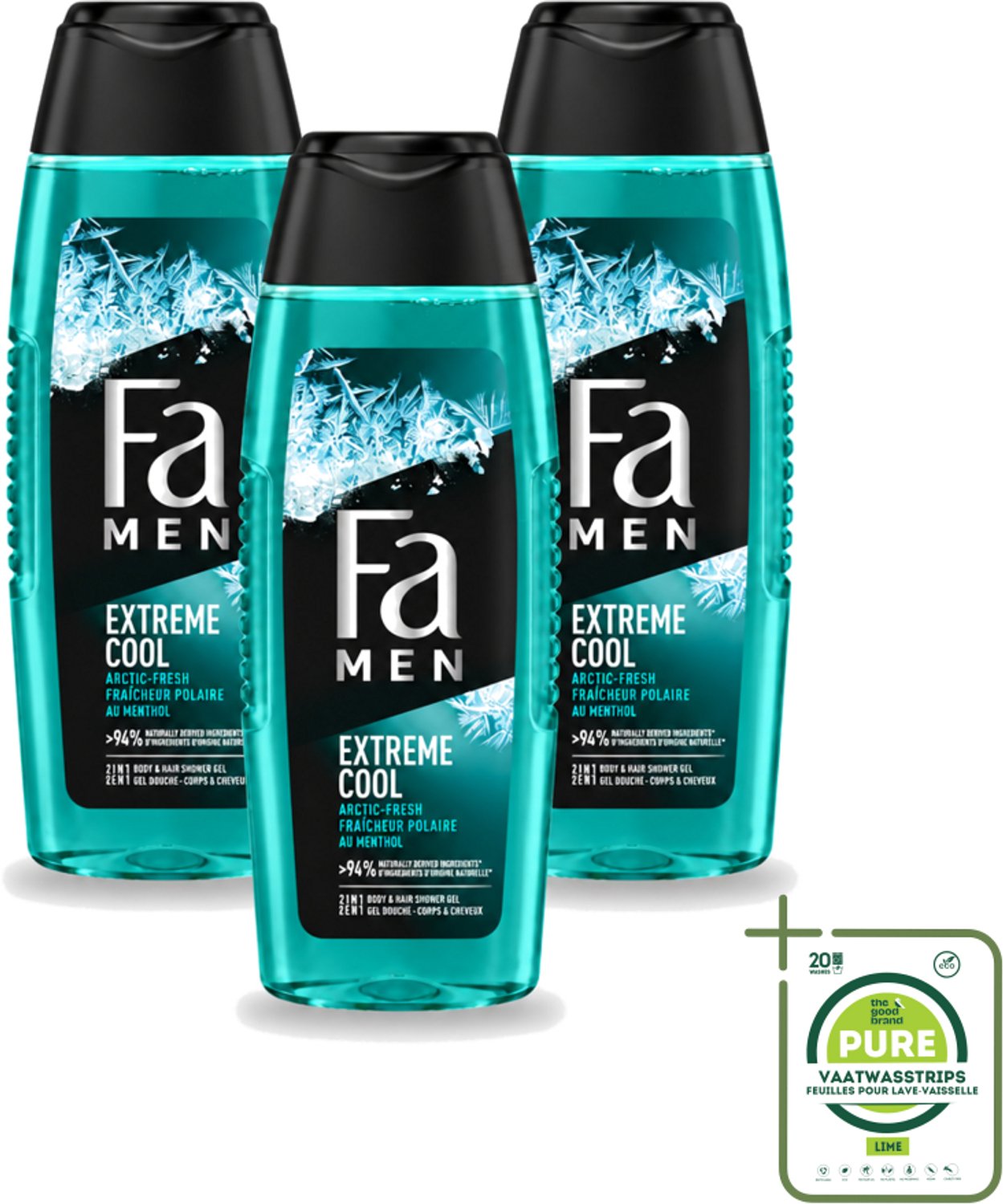 3 x Fa Men - Extreme Cool - 2 in 1 Douchegel & Shampoo - Menthol - 250 ml - Grootverpakking - Vaatwasstrips - Douchegel En Shampoo - Menthol - Verfrissend - Lichaam Reinigen - Haar Reinigen