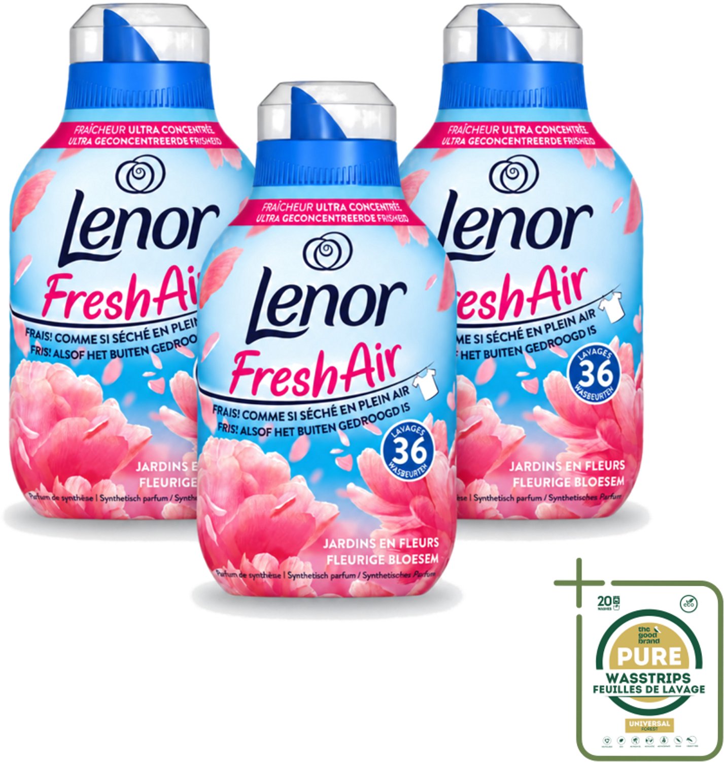 3 x Lenor - Wasverzachter - Fresh Air - Fleurige Bloesem - 36 Wasbeurten - Wasstrips - Wasverzachter - Frisheid - Buiten Gedroogd Was - Bloemige Geur - Wasgoed
