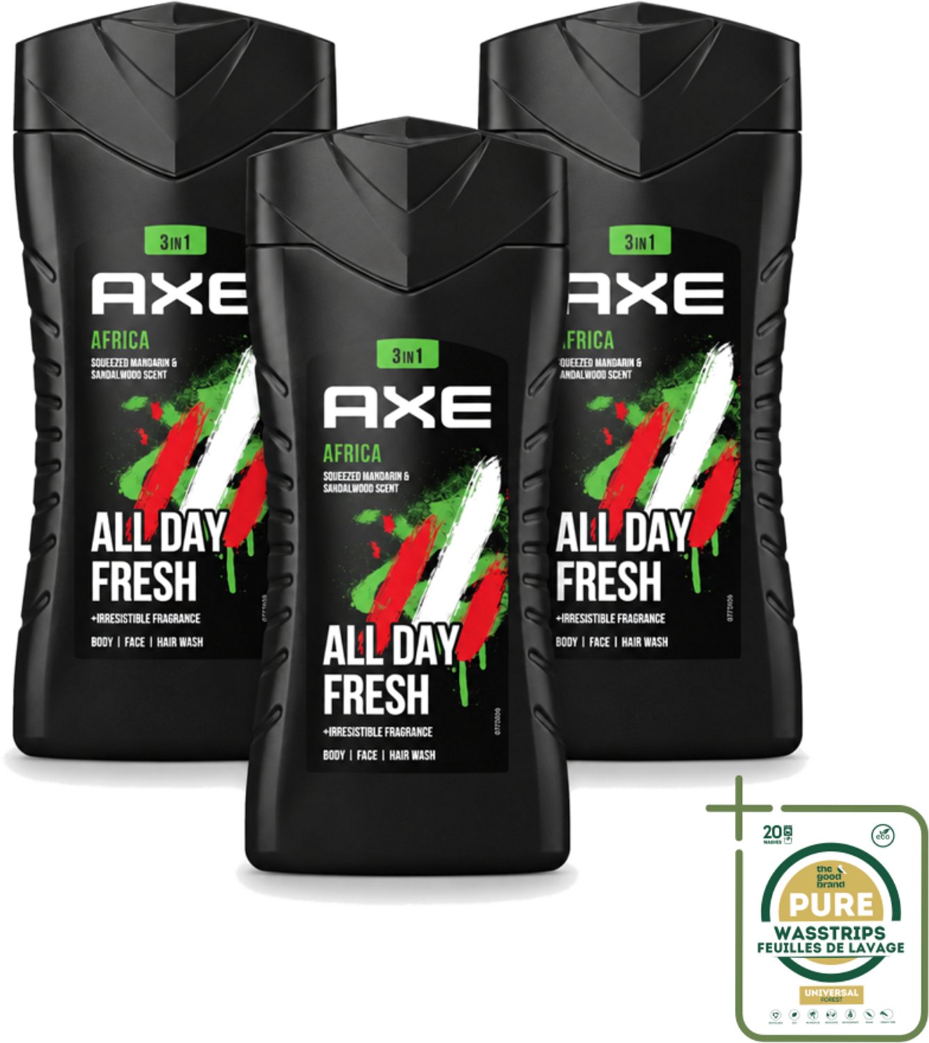 3 x Axe - 3-in-1 Douchegel - Africa - Squeezed Mandarin & Sandalwood - 12hrs Long Lasting Scent - 250 ml - Wasstrips - Douchegel - Geur Mandarijn En Sandelhout - 3-in-1 - Lichaam - Gezicht