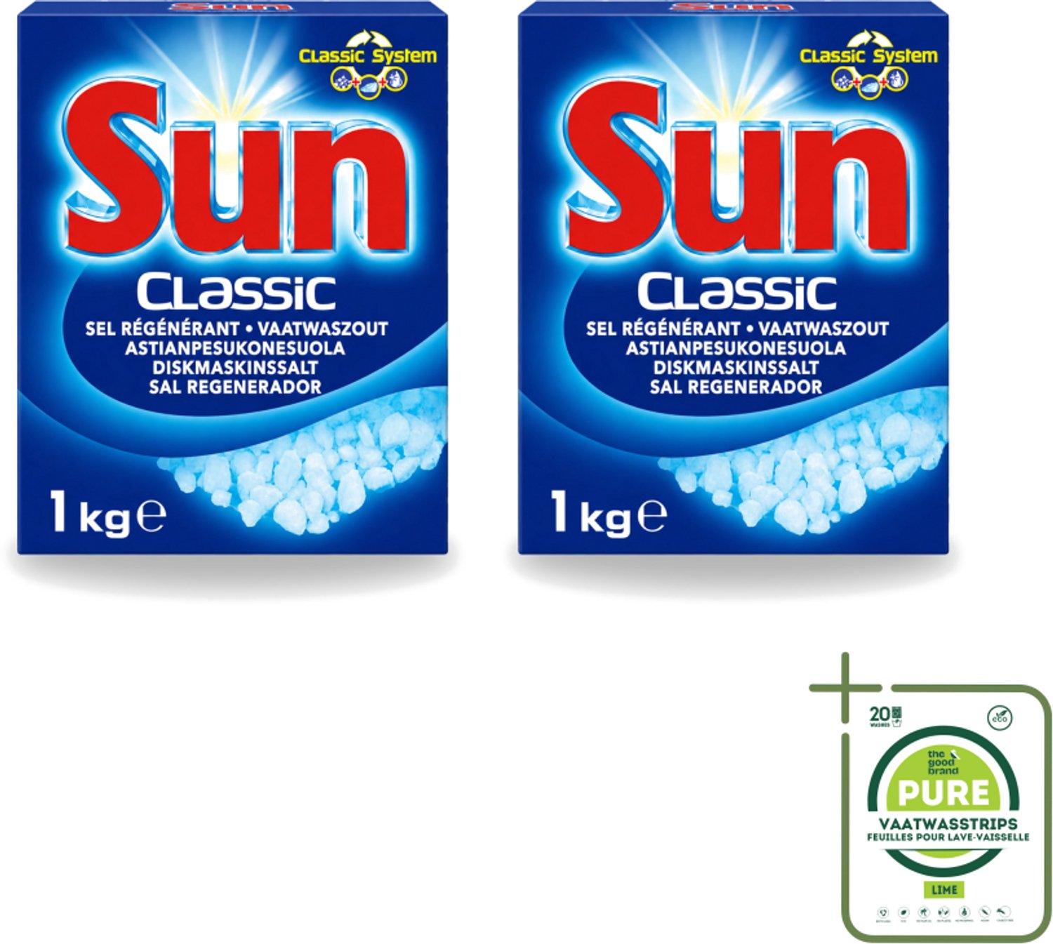 2 x Sun Classic - Vaatwaszout - Klassiek Systeem - 1 kg - Grootverpakking - Vaatwasstrips - Vaatwaszout - Kalkaanslag Voorkomen - Vaatwasser Onderhoud - Waterhardheid - Klassiek Systeem