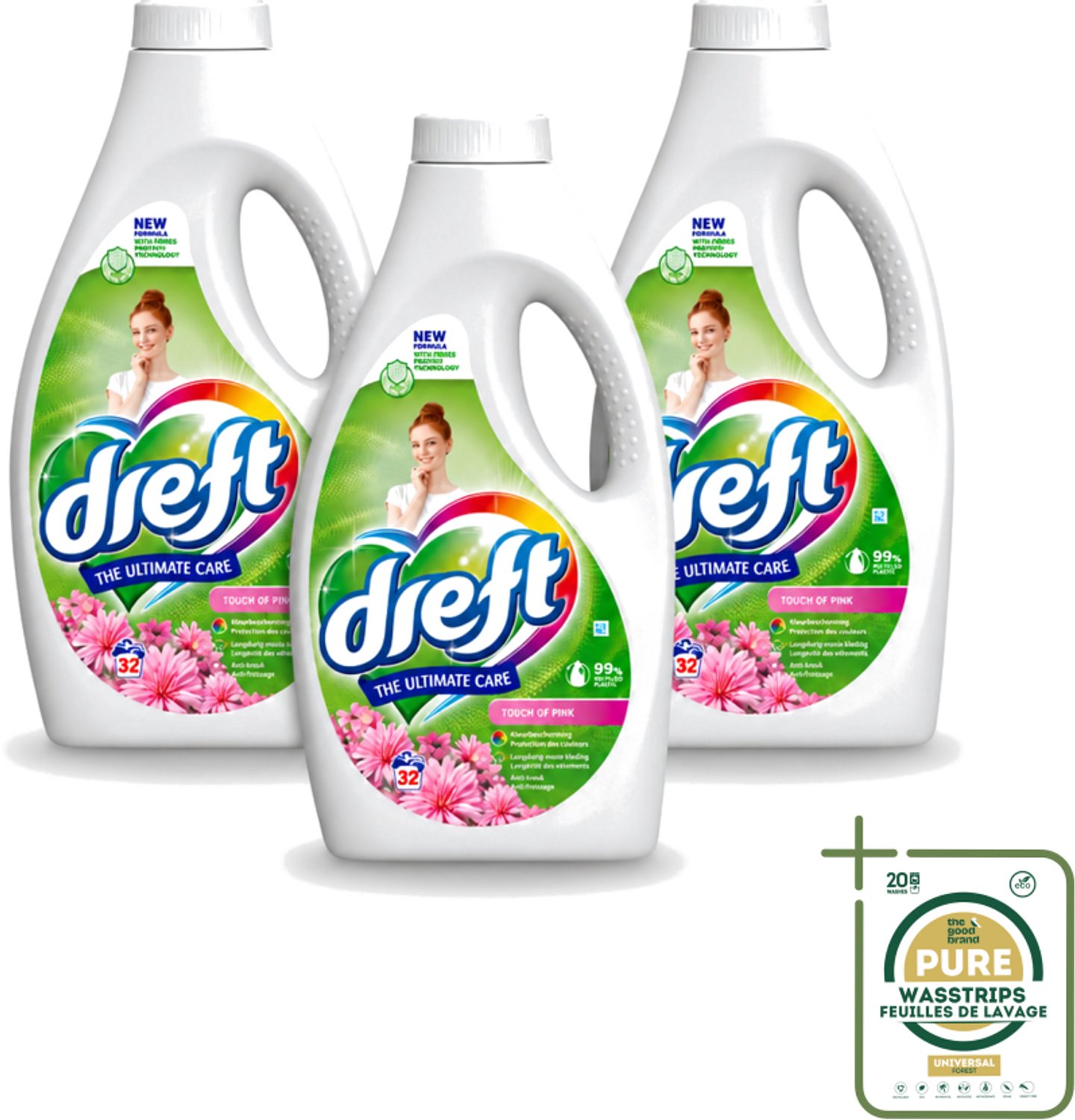 3 x Dreft - Ultimate Care - Vloeibaar Wasmiddel - Gekleurde Was - Een Vleugje Roze - 32 Wasbeurten - Wasstrips - Wasmiddel - Wasgoed Reinigen - Kleur Behouden - Frisse Geur - Vezel Beschermen