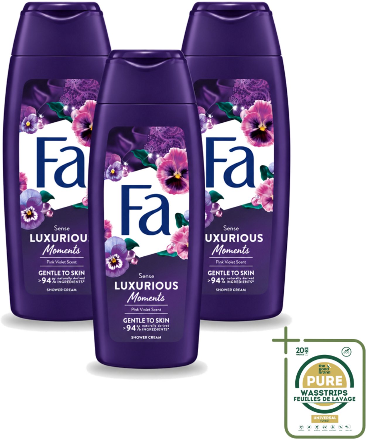 3 x Fa - Luxurious Moments - Douchecrème - Roze Viooltjes - 250 ml - Wasstrips - Douchecrème - Roze Viooltjes - Luxe Douchecrème - Huidverzorging - Geur Van Roze Viooltjes