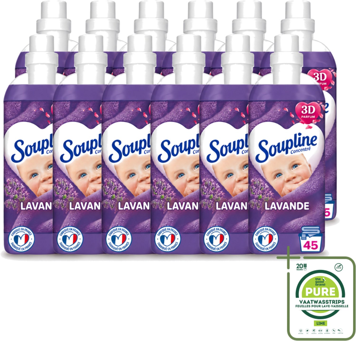 12 x Soupline - Wasverzachter - Lavendel - 45 Wasbeurten - 1L - Grootverpakking - Vaatwasstrips - Wasverzachter - Wasgoed Verzorgen - Wasresultaat - Wasmachine - Wasverzachter Lentebloesem