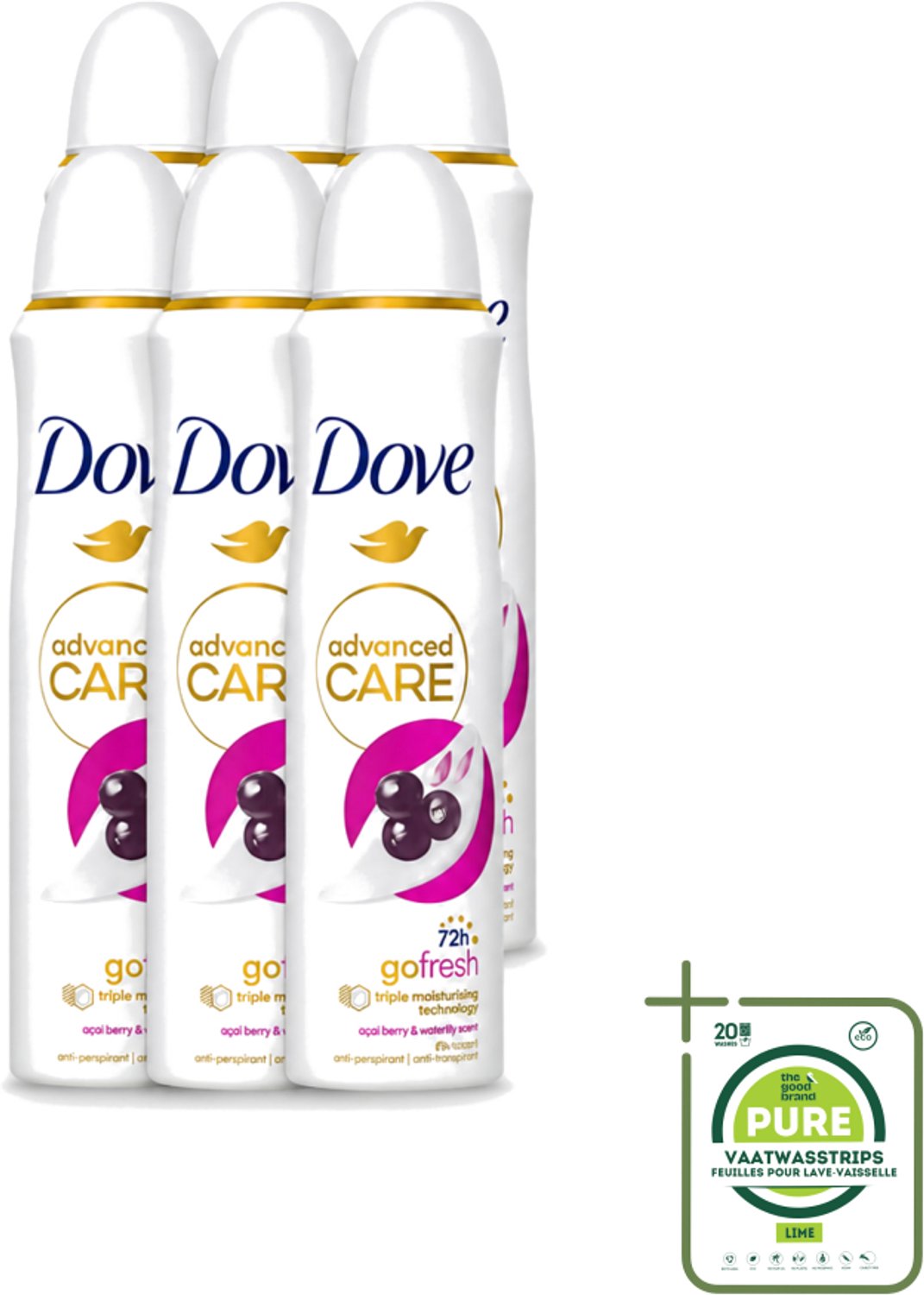 6 x Dove - Deospray - Acai Bes & Waterlelie - 150 ml - Grootverpakking - Vaatwasstrips - Acai Bes & Waterlelie Deospray - Deospray Oksels - Geur Van Acai Bessen - Geur Van Waterlelie - Transpiratie Bescherming