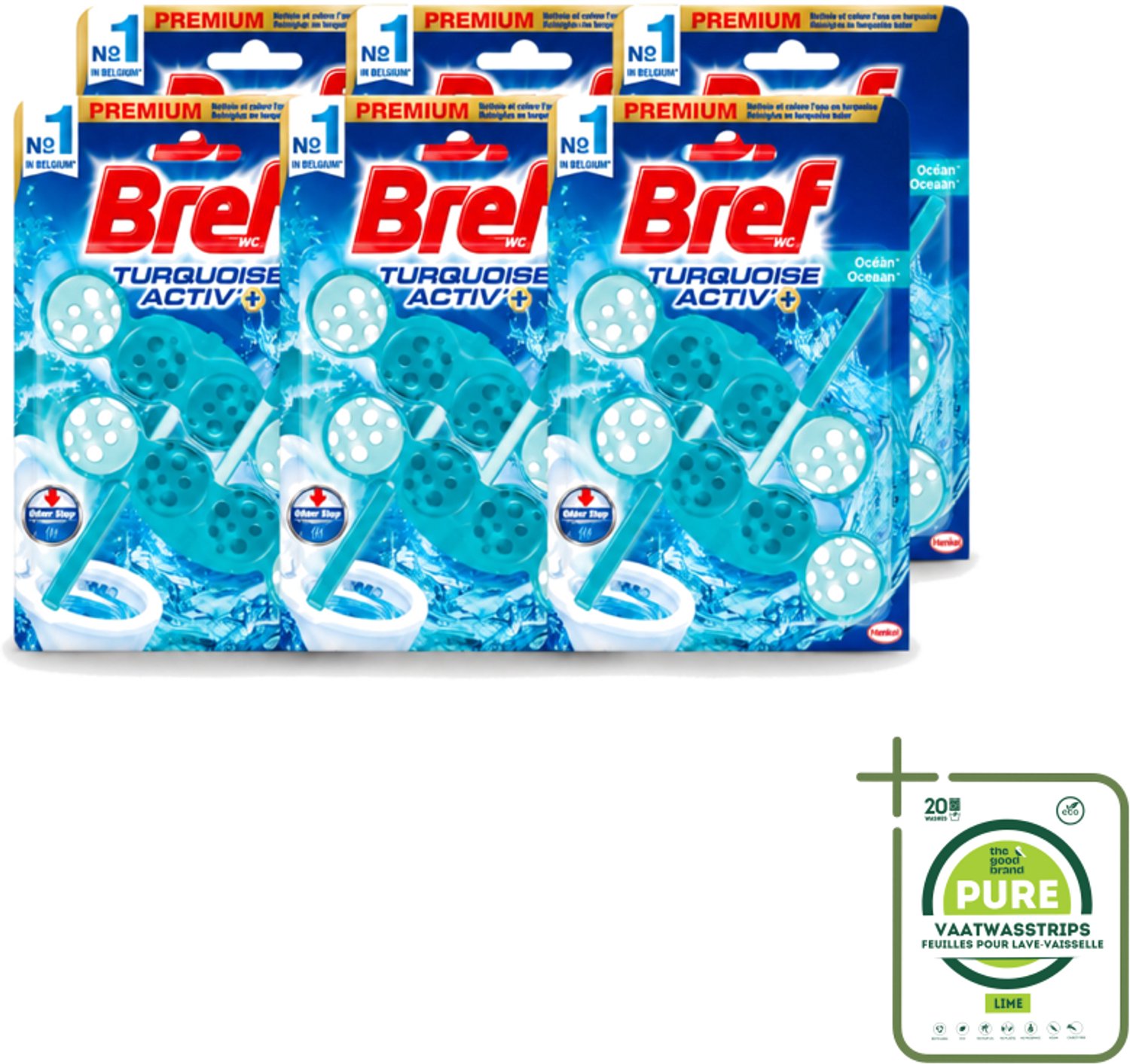 6 x Bref WC - Turquoise Activ+ - Toiletblok - Oceaan - 2 Blokken - Grootverpakking - Vaatwasstrips - Toilet - Toiletblok - Oceaanfrisheid - Reiniging - Anti-kalk