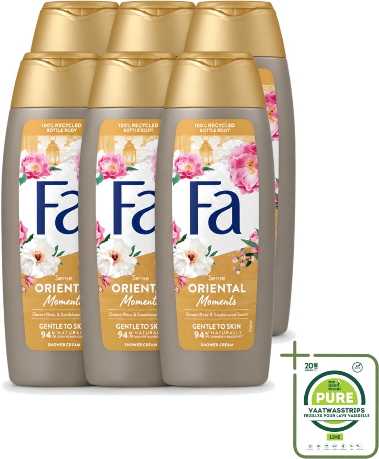 6 x Fa - Oriental Moments - Douchecrème - Woestijnroos & Sandelhout - 250 ml - Grootverpakking - Vaatwasstrips - Douchecrème - Woestijnroos - Sandelhout - Geur - Huidverzorging