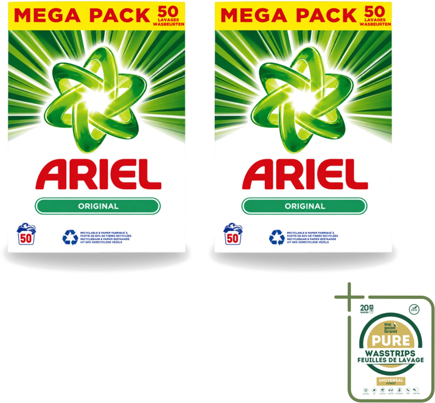2 x Ariel Original - Waspoeder - Witte en Lichtgekleurde Was - 50 Wasbeurten - Wasstrips - Waspoeder - Reiniging - Wasmachine - Energiebesparing - Milieuvriendelijk