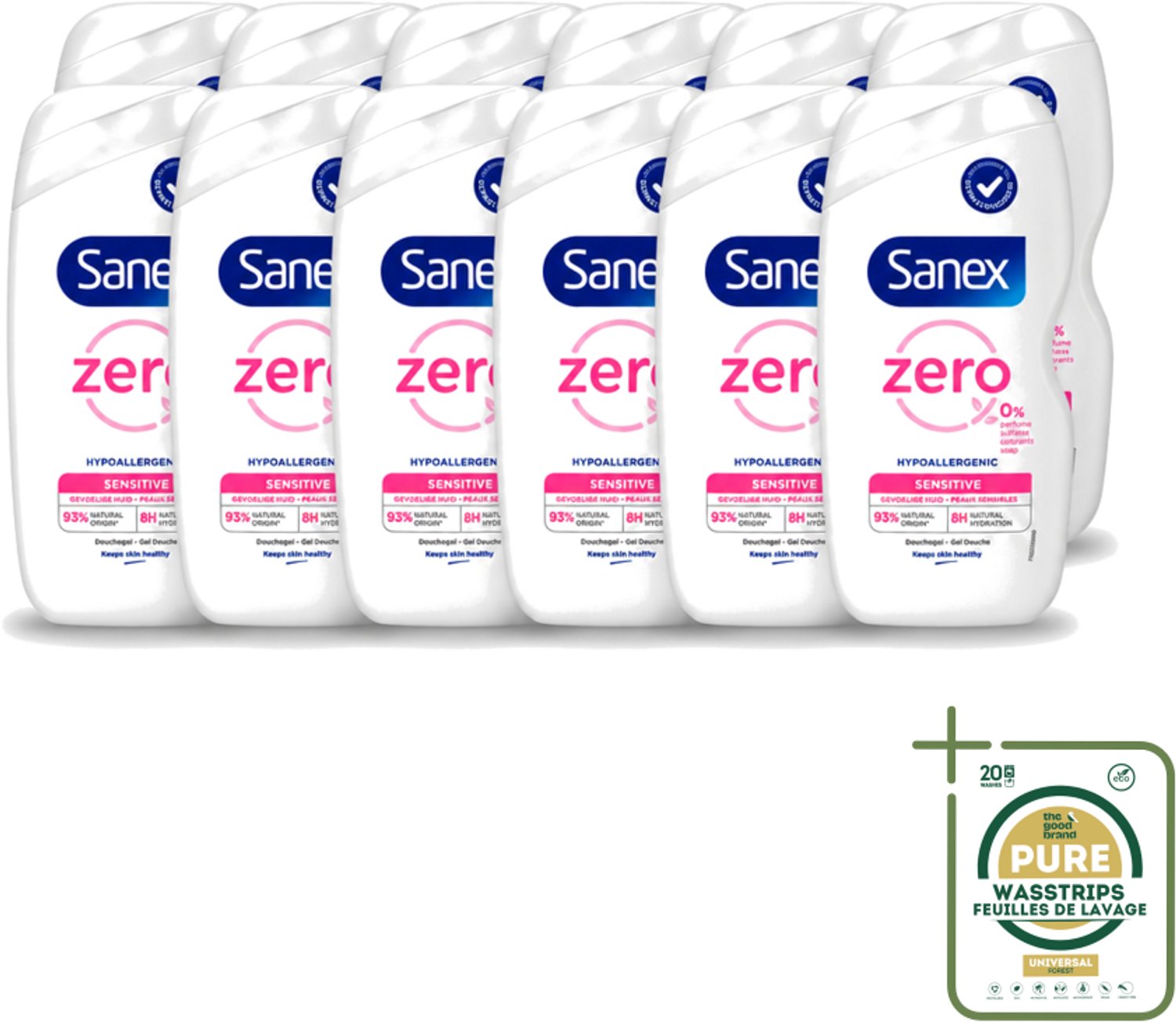 12 x Sanex Zero% - Douchegel - Gevoelige Huid - 0% Parfumsulfaten - Hypoallergeen - 400 ml - Wasstrips - Gevoelige Huid - Hypoallergene Douchegel - 0% Parfum - 0% Sulfaten - Milde Reiniging