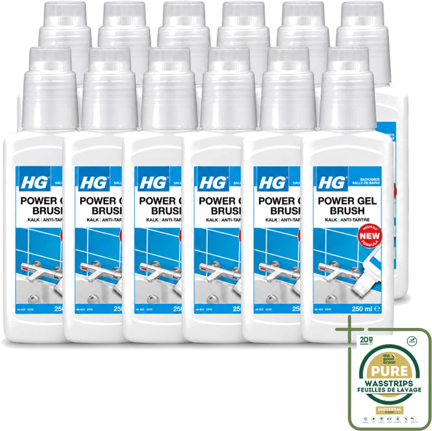 12 x HG - Badkamer - Power Gel Brush - Kalk - Agressief - 250 ml - Wasstrips - Kalk Verwijderen - Badkamer Schoonmaken - Kalk Oplossen - Douchewand Reinigen - Kraan Reinigen