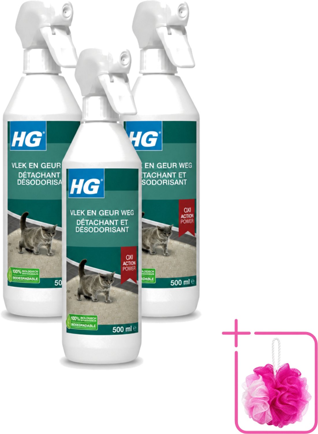 3 x HG - Vlek & Geur Weg - Tegen Kattengeuren- Oxi Action Power - 100% Biologisch - 500 ml - Bulkverpakking - Vlek verwijderen - Douchemop - Geur weg