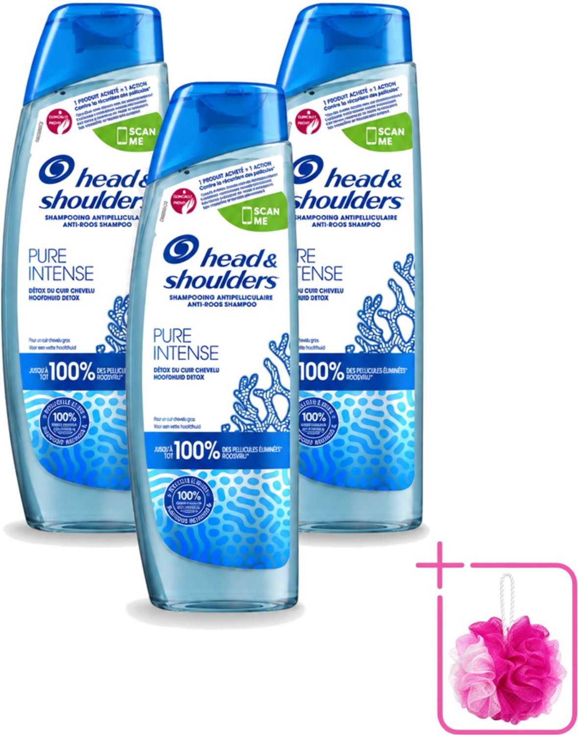 3 x Head & Shoulders - Anti-Roos Shampoo - Pure Intense - Hoofdhuid Detox - 250 ml - Bulkverpakking - Hoofdhuid detox - Douchemop - Roosbestrijding