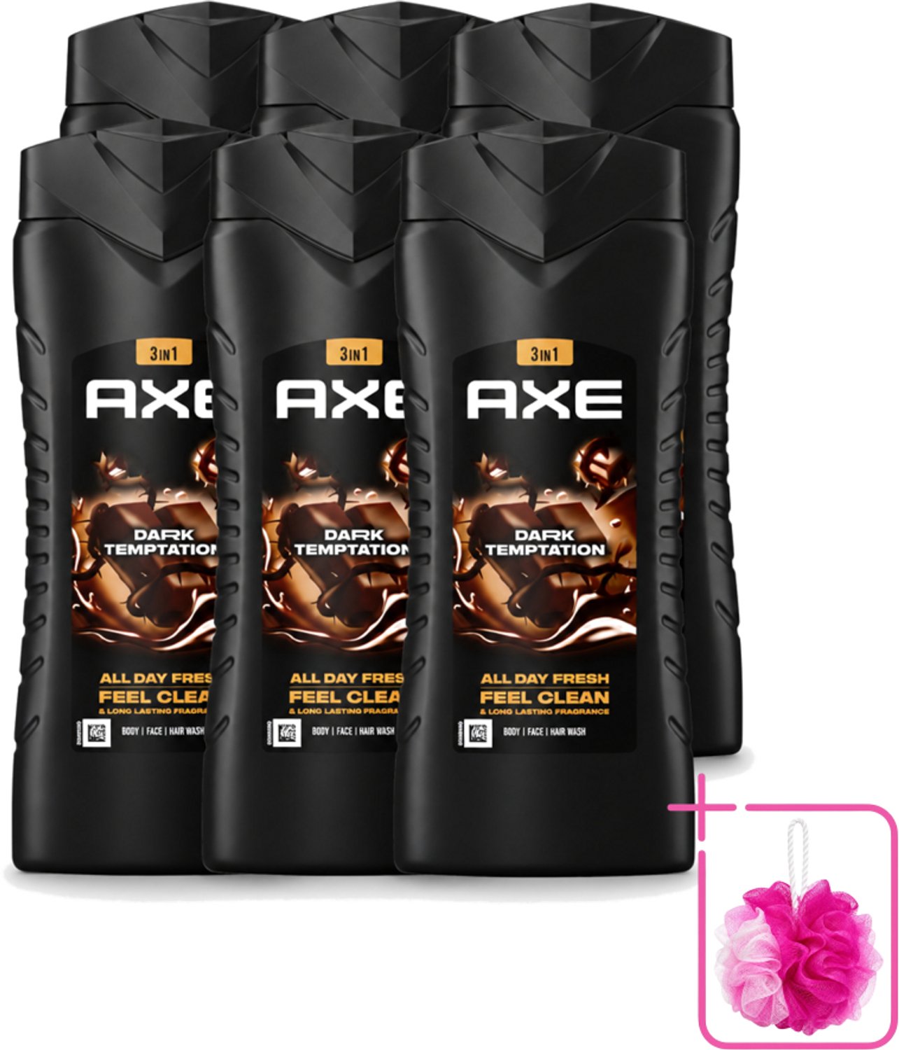 6 x Axe XL - 3-in-1 Douchegel - Dark Temptation - Dark Chocolate - 12hrs Long Lasting Scent - 400 ml - Bulkverpakking - Douchegel - Douchemop - Geur