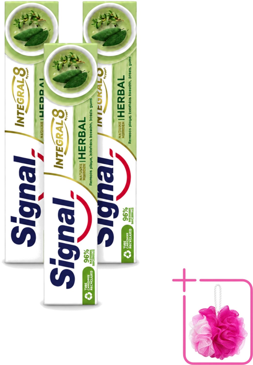 3 x Signal - Integral & Actions - Tandpasta - Natuurlijke Kruiden - Gerecyclede Verpakking - 75 ml - Bulkverpakking - Tandpasta - Douchemop - Natuurlijke kruiden