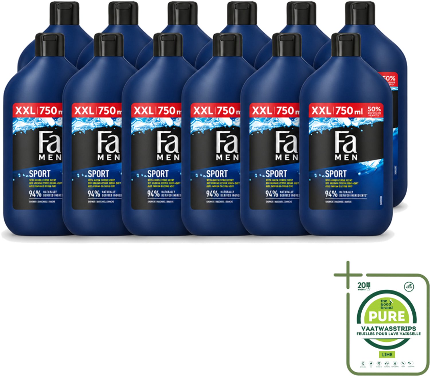 12 x Fa Men - Sport - Douchegel - Groene Citrus - 750 ml - Grootverpakking - Vaatwasstrips - Douchegel Voor Mannen - Sport Douchegel - Groene Citrus Geur - Verfrissende Douchegel - Dagelijks Gebruik