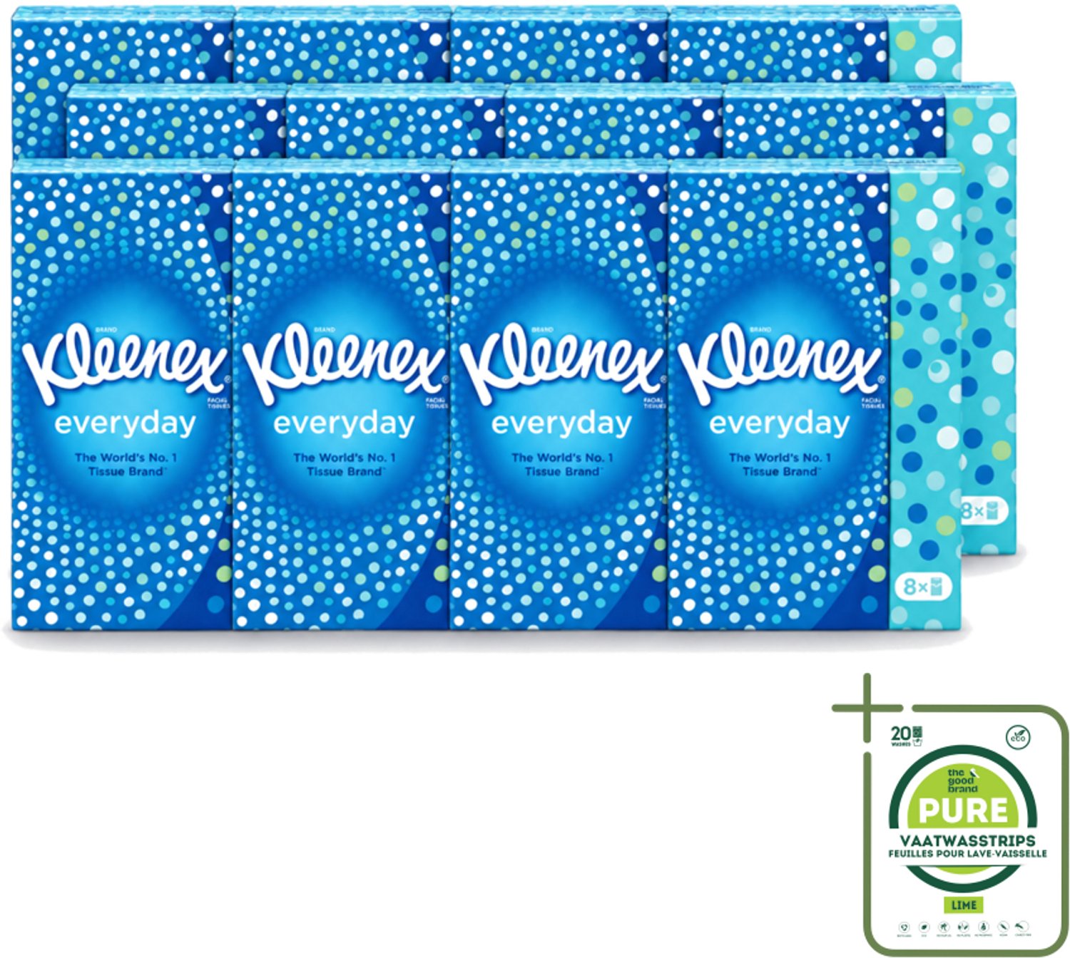 12 x Kleenex - Zakdoekjes - Everyday - 8 Pakjes Zakdoekjes - Grootverpakking - Vaatwasstrips - Zakdoekjes - Schoonmaak - Reinigen - Vlekken - Dagelijks Gebruik
