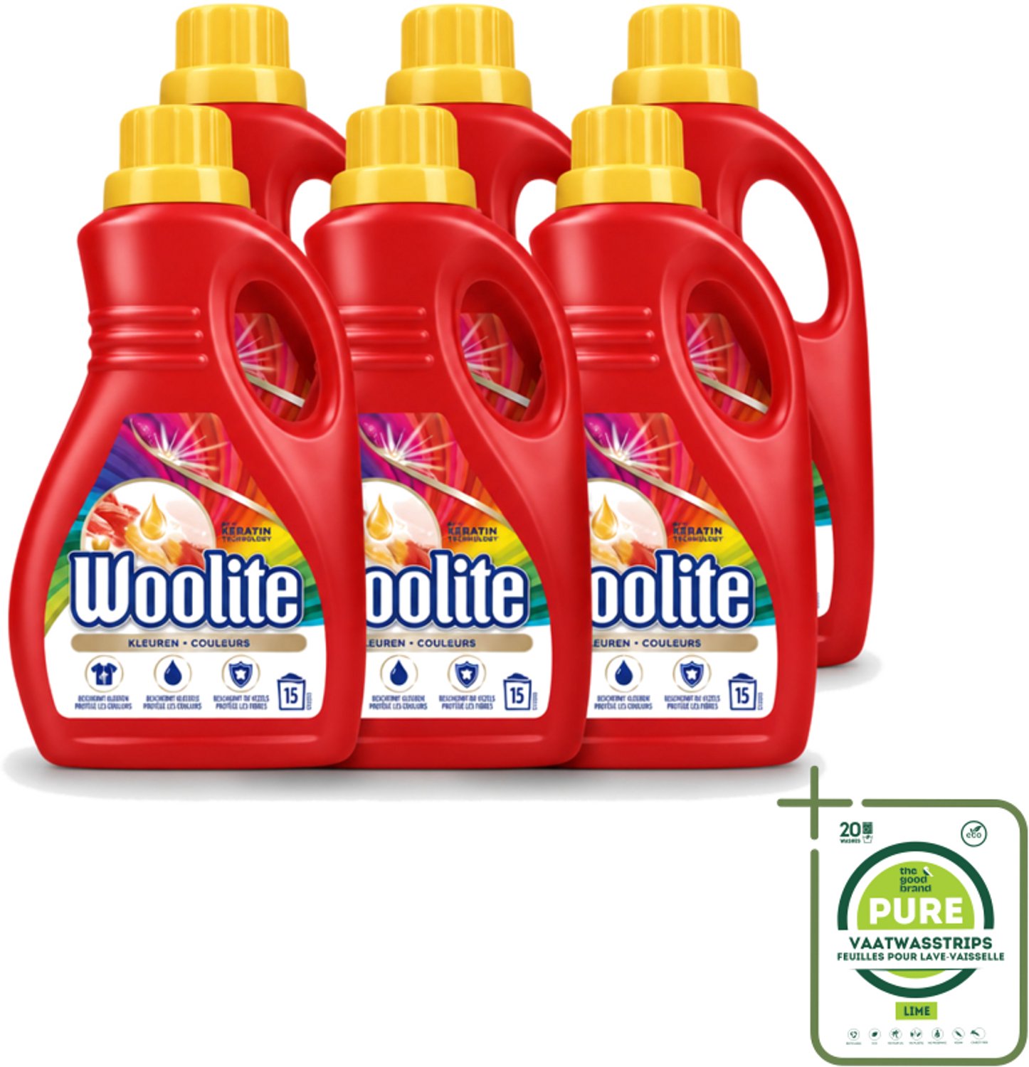 6 x Woolite Color - Vloeibaar Wasmiddel - Met Keratine - Gekleurde Was - 15 Wasbeurten - 0,9L - Grootverpakking - Vaatwasstrips - Gekleurde Was - Keratine Wasmiddel - Kleurbehoud - Wasmiddel Voor Gekleurde Stoffen - Wasmiddel Met Keratine