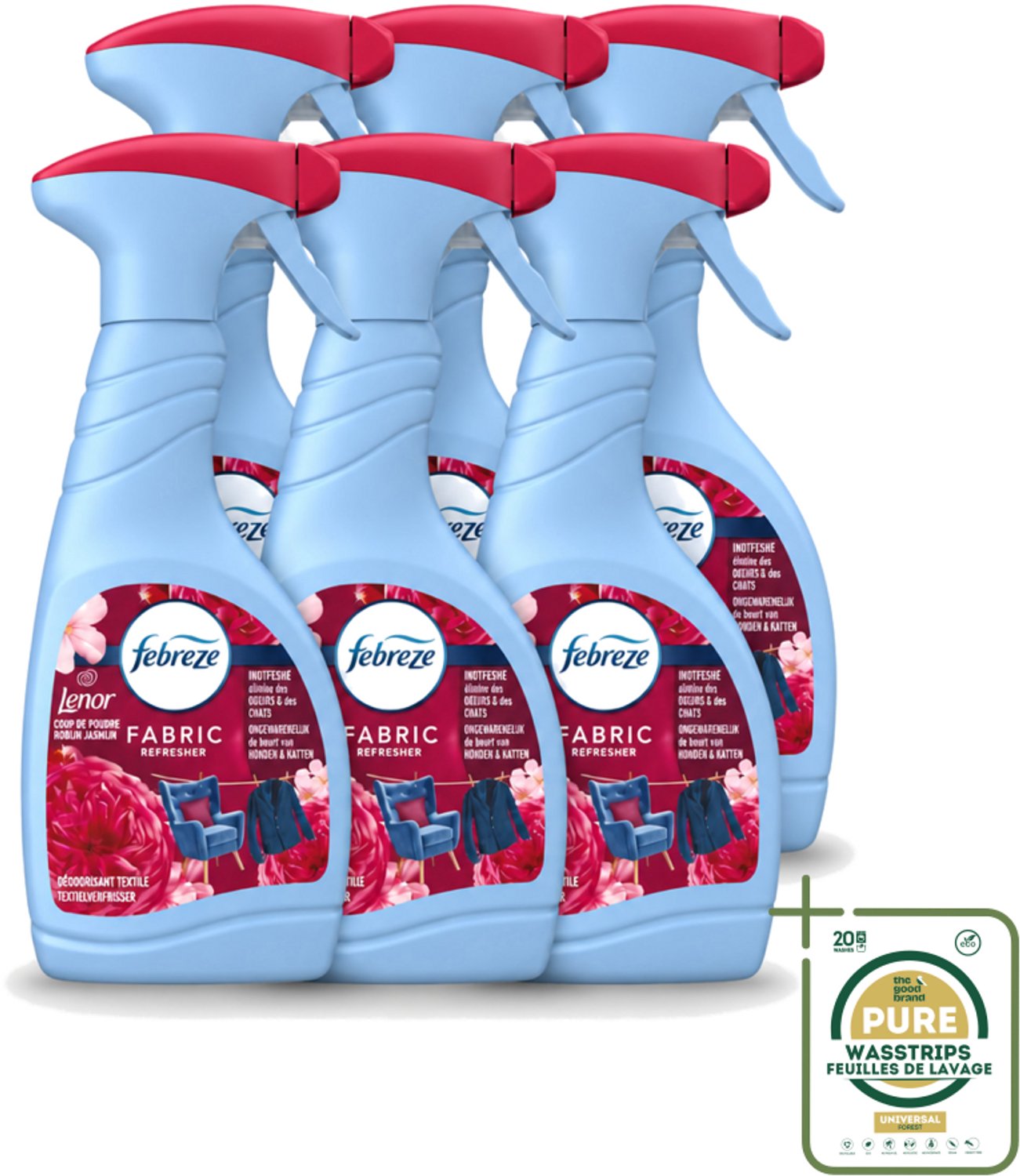6 x Febreze – Textielspray – Robijn Jasmijn – 500 ml - Wasstrips - Textielverfrisser - Textielgeur - Geurverwijdering - Jasmijngeur - Robijngeur