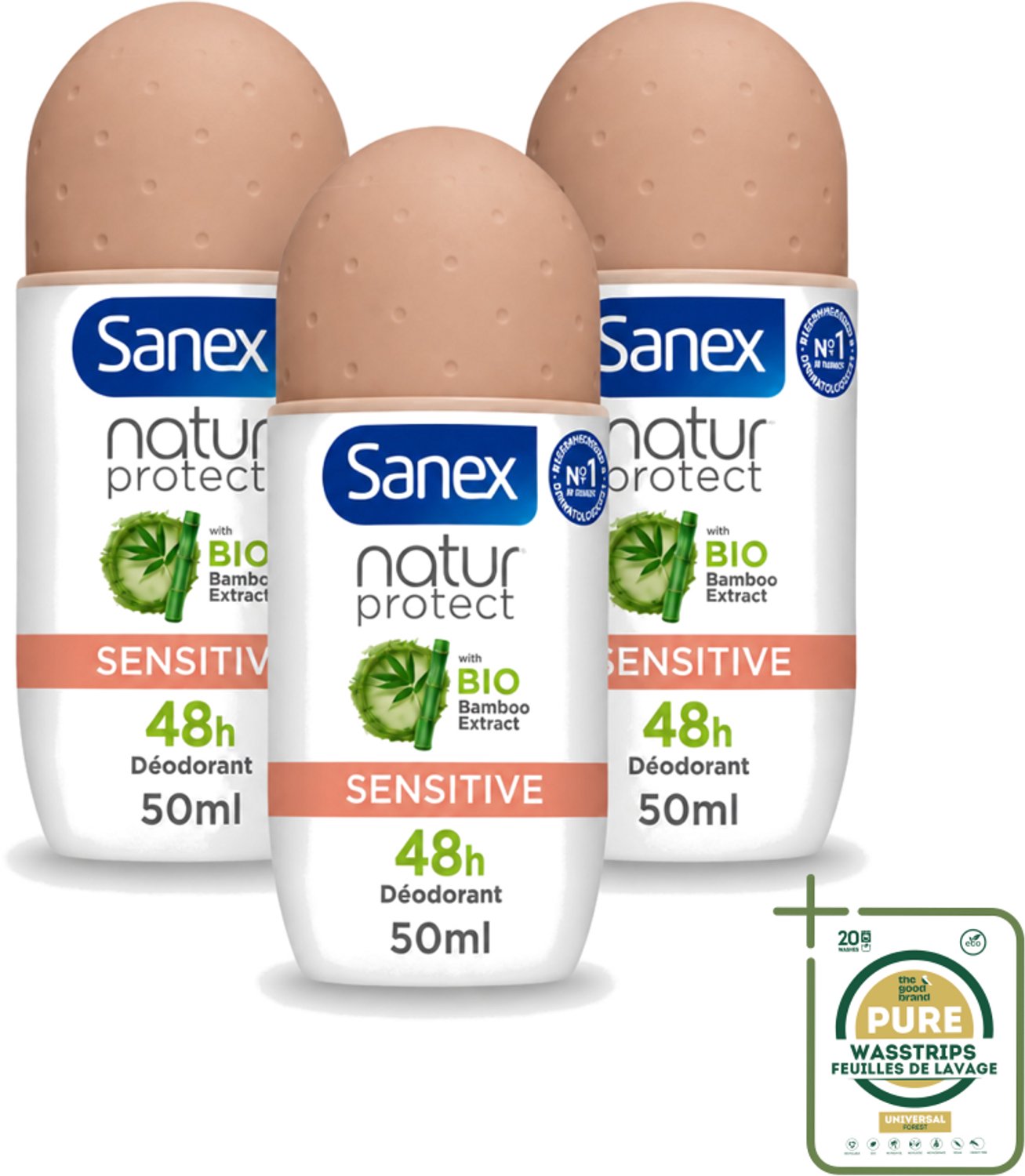 3 x Sanex – Deodorant Roll-On – Natur Protect Sensitive – 50 ml - Wasstrips - Gevoelige Huid - Deodorant Roll-on - Natuurlijke Bescherming - Milde Deodorant - Frisheid