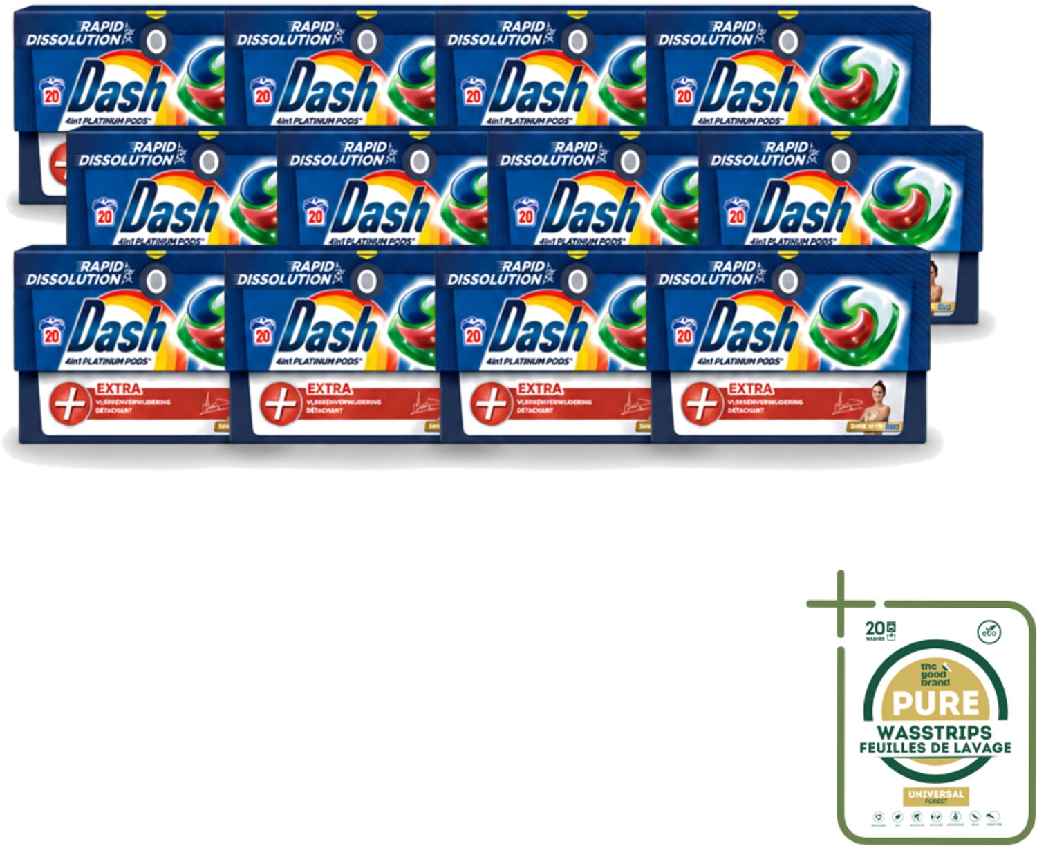 12 x Dash – Wasmiddel Pods 4-in-1 Platinum – Extra Vlekkenverwijdering – 20 Capsules - Wasstrips - Wasmiddelcapsules - Krachtige Wasmiddel - Vlekverwijdering - Kleurbehoud - Frisheid