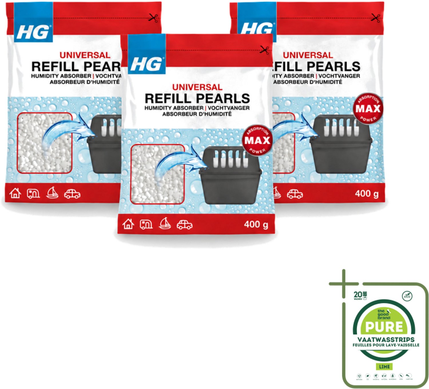 3 x HG - Refill Pearls voor Vochtvanger - Navulling - 400 g - Grootverpakking - Vaatwasstrips - Vochtvanger Navulling - Vochtabsorberende Parels - Calciumchloride Parels - Vochtvanger Vullen - Vochtvanger Herbruiken