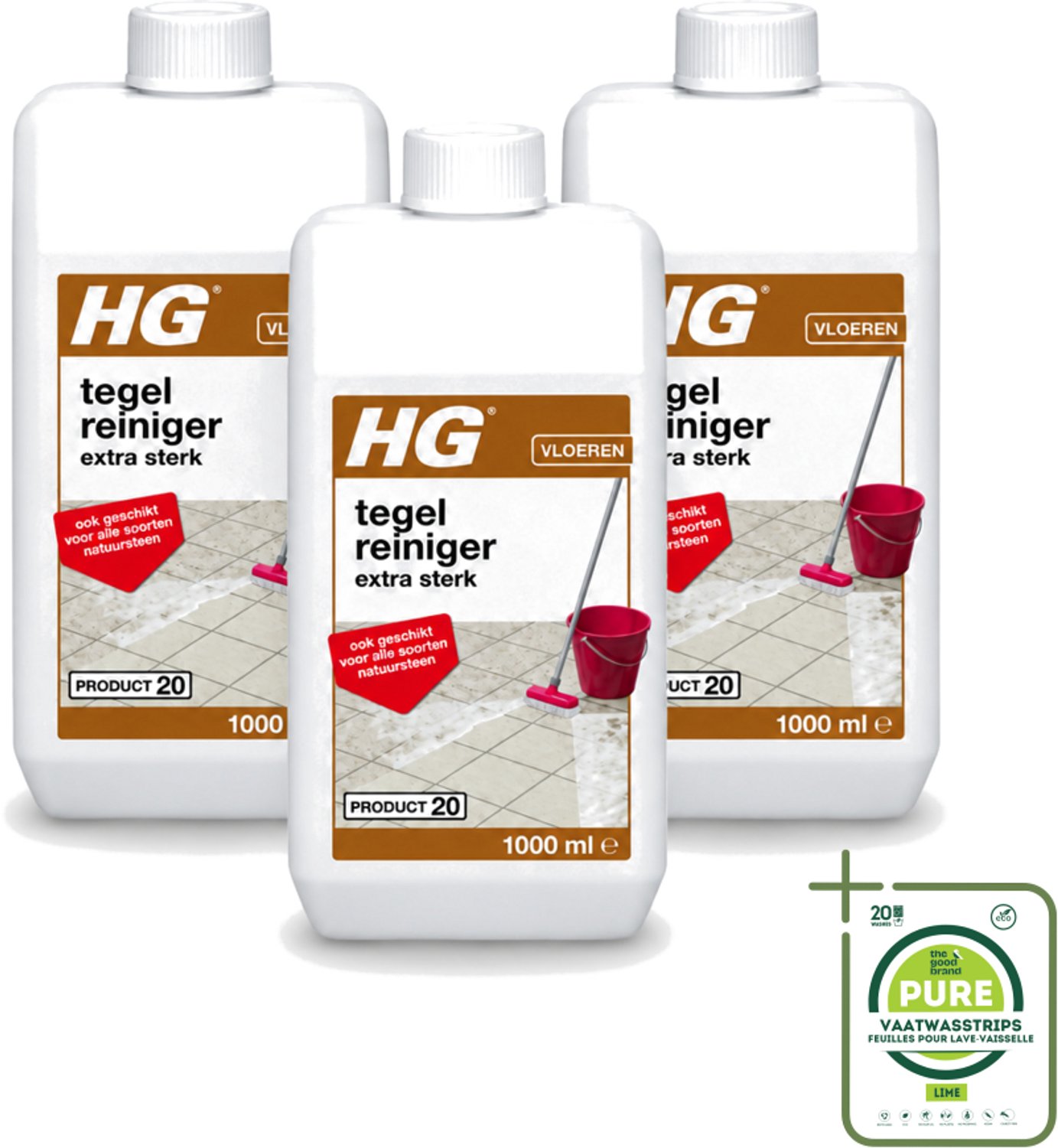3 x HG - Vloeren - Tegelreiniger Extra Sterk - Geschikt Voor Alle Soorten Natuursteen - 1L - Grootverpakking - Vaatwasstrips - Tegelreiniger - Natuursteen Reinigen - Vetvlekken Verwijderen - Kalk Verwijderen - Vloer Reinigen