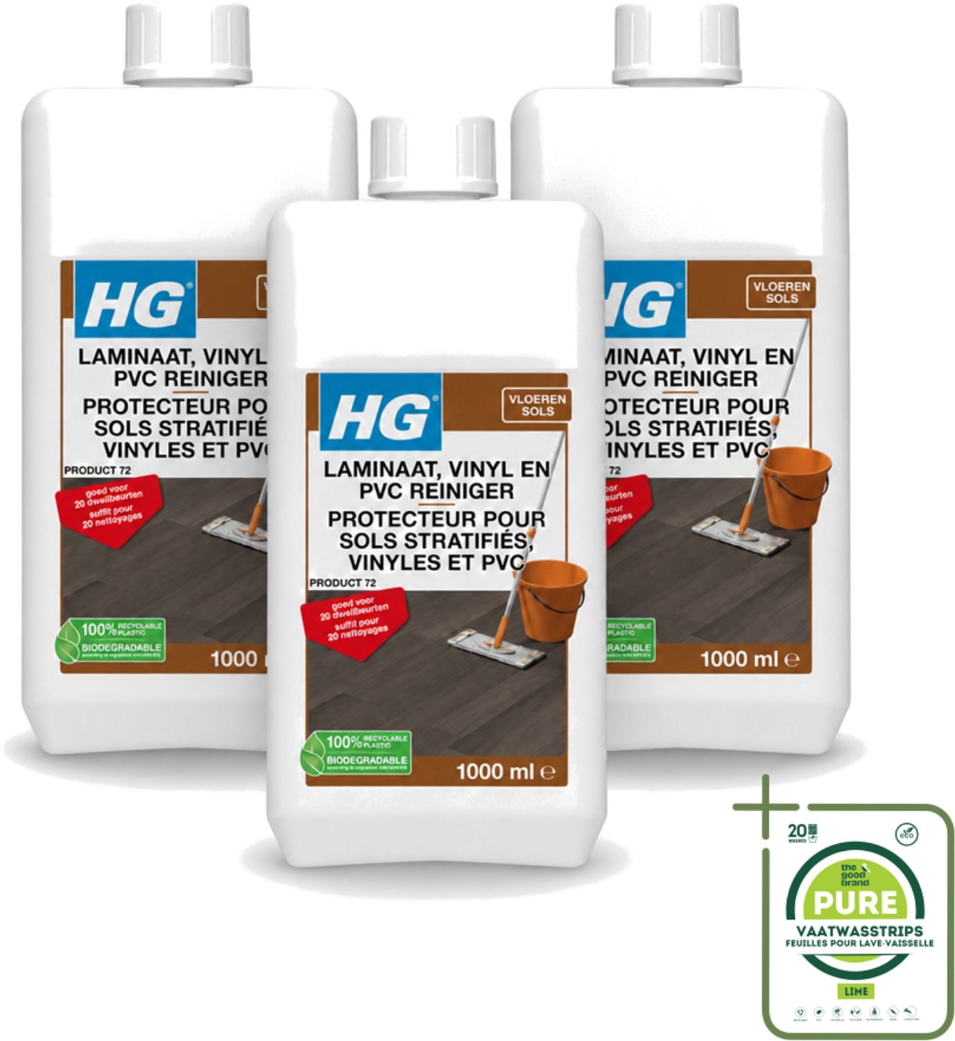 3 x HG - Laminaat, Vinyl & PVC Reiniger - Frisse Geur - Reinigt Streeploos - 20 Dweilbeurten - 1L - Grootverpakking - Vaatwasstrips - Laminaatreiniger - Vloerreiniger - Dweilbeurt - Laminaatvloer - Reinigen
