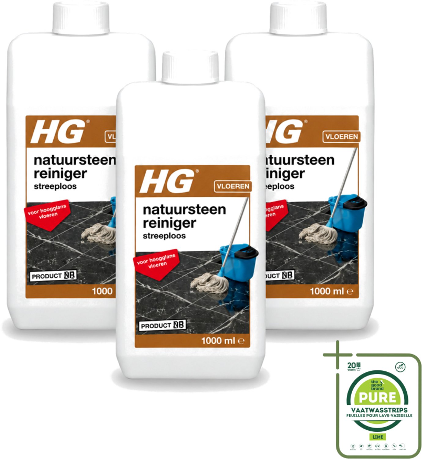 3 x HG - Natuursteenreiniger Streeploos - Voor Hoogglans Vloeren - 20 Dweilbeurten - 1L - Grootverpakking - Vaatwasstrips - Natuursteen Reinigen - Hoogglans Vloeren Reinigen - Streeploze Reiniger - Natuursteen Vloer Reinigen - Marmer Reinigen