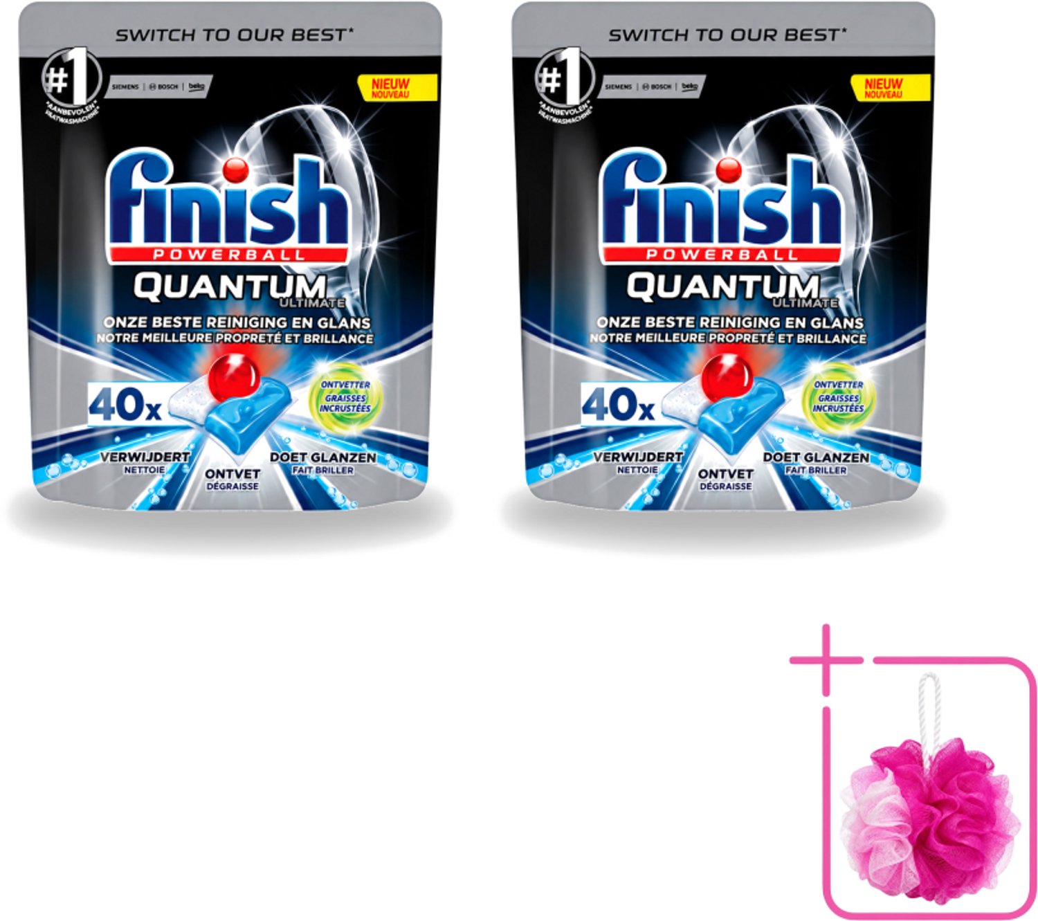 2 x Finish Powerball - Quantum Ultimate - Vaatwastabletten - Ontvetter - 40 Tabletten - Bulkverpakking - Vaatwasmiddel - Douchemop - Vaatwastablet