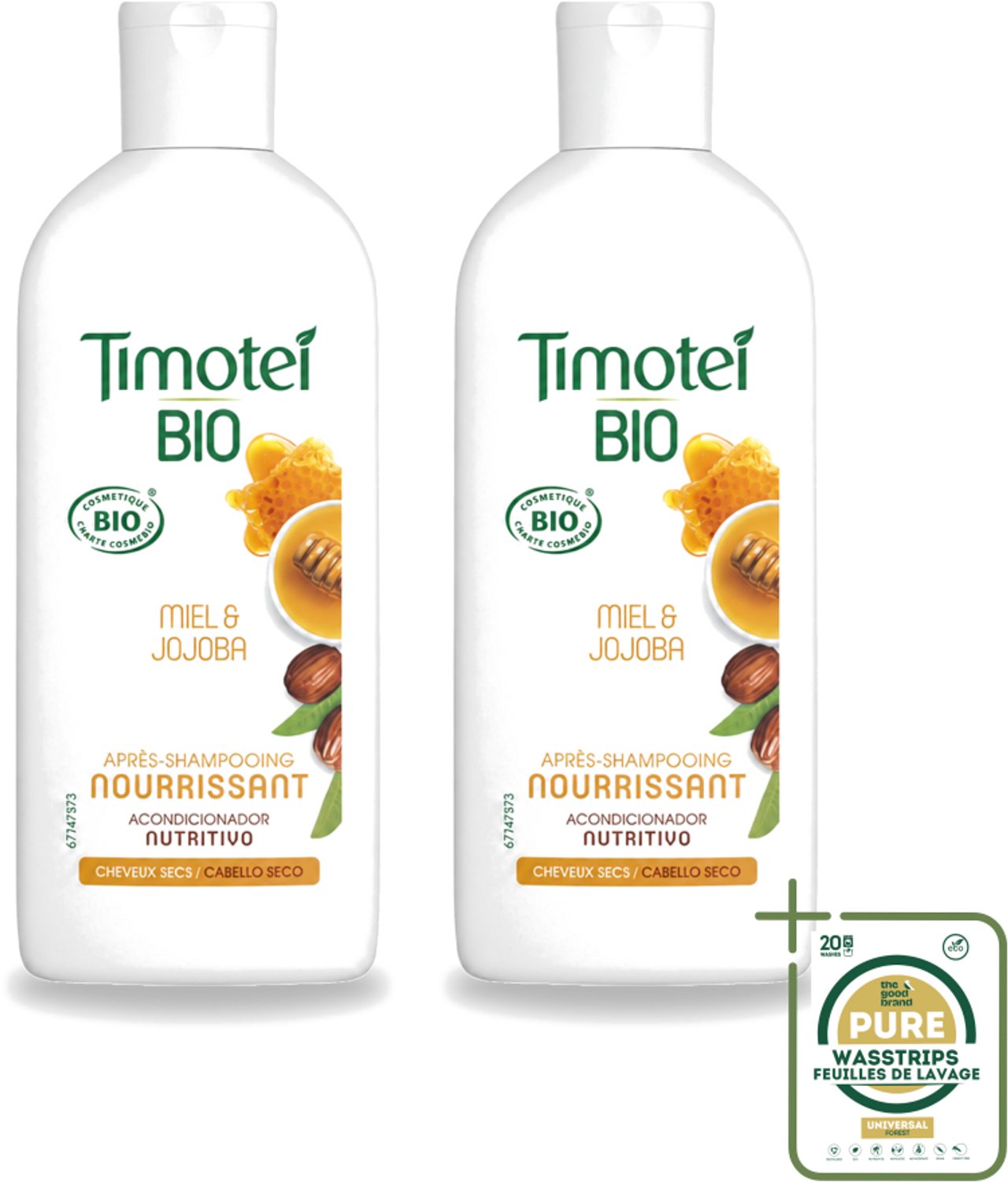 2 x Timotei - Crèmespoeling - Honing & Jojoba - Biologisch - Droog Haar & Droge Hoofdhuid - 250 ml - Wasstrips - Crèmespoeling - Droog Haar - Droge Hoofdhuid - Honing - Jojoba-olie