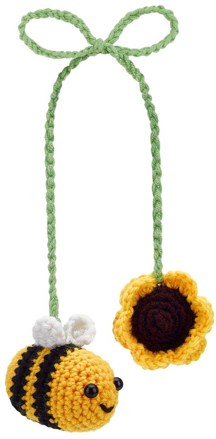 AHANDMAKER Gehaakte bij en zonnebloem auto opknoping ornament, schattige hommel auto-accessoires auto achteruitkijkspiegel houder voor opknoping acces