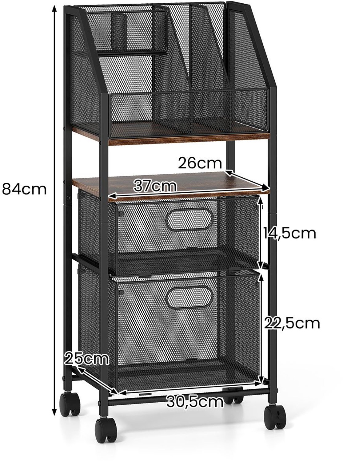 SureDeal® - Bureaukast - Rollende Boekenwagen Metaal - Wielen Wagen - Pennenhouders Vakken - 37x26x84 cm - Koffiebruin