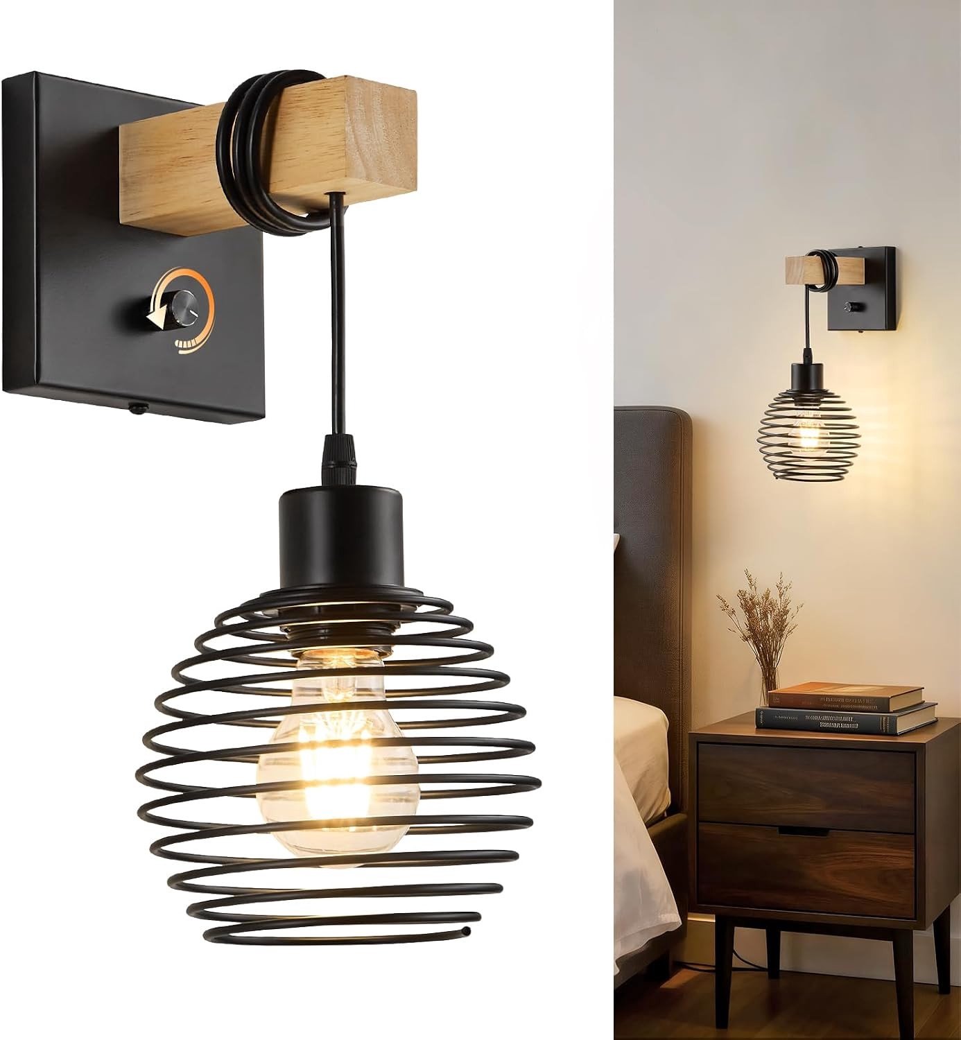 Industriële Wandlamp - Zwart - Met Dimmer Draaiknop - Metalen Gestapelde Kap - Voor Slaapkamer en Woonkamer