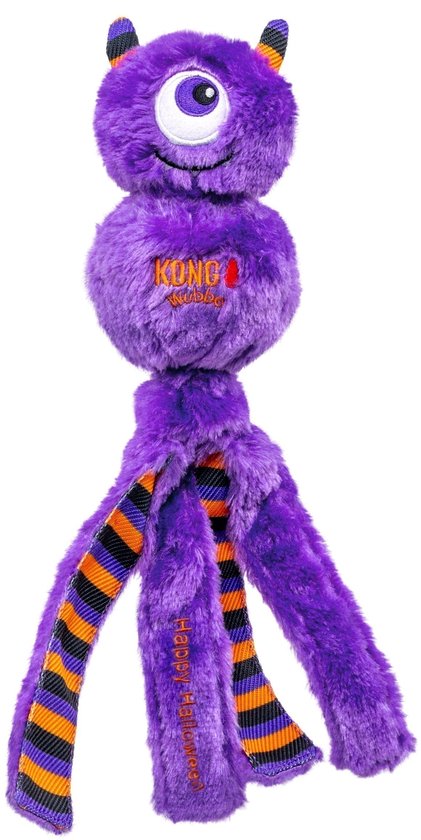 Paarse Wubba monster speelgoed met één oog, oranje en zwarte strepen op de poten.