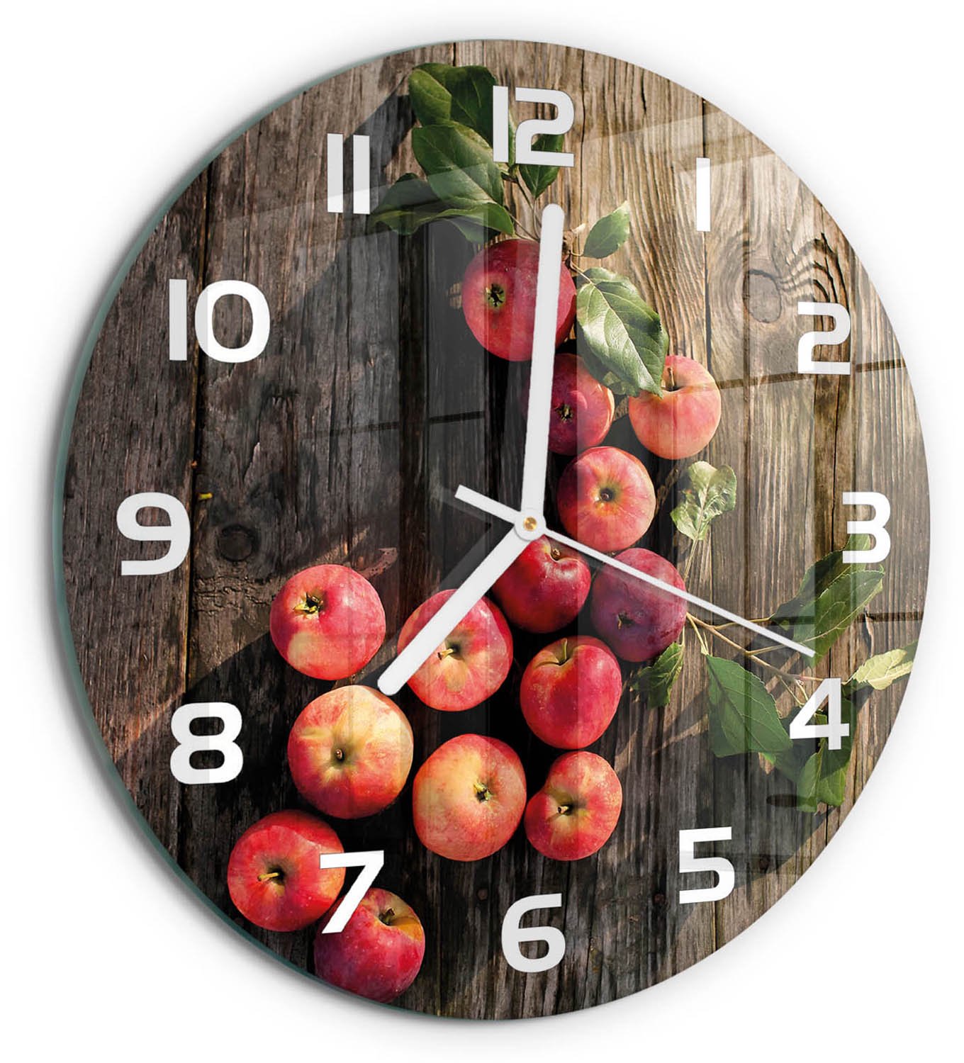 TULUP Wandklok - Appels op tafel Glazen Wandklok Design - fi30 cm - Rood Klok Glas Met Opdruk - Witte handen - Ronde Klok - Wandklok Glas Met Motief - Decoratieve Glazen Klok