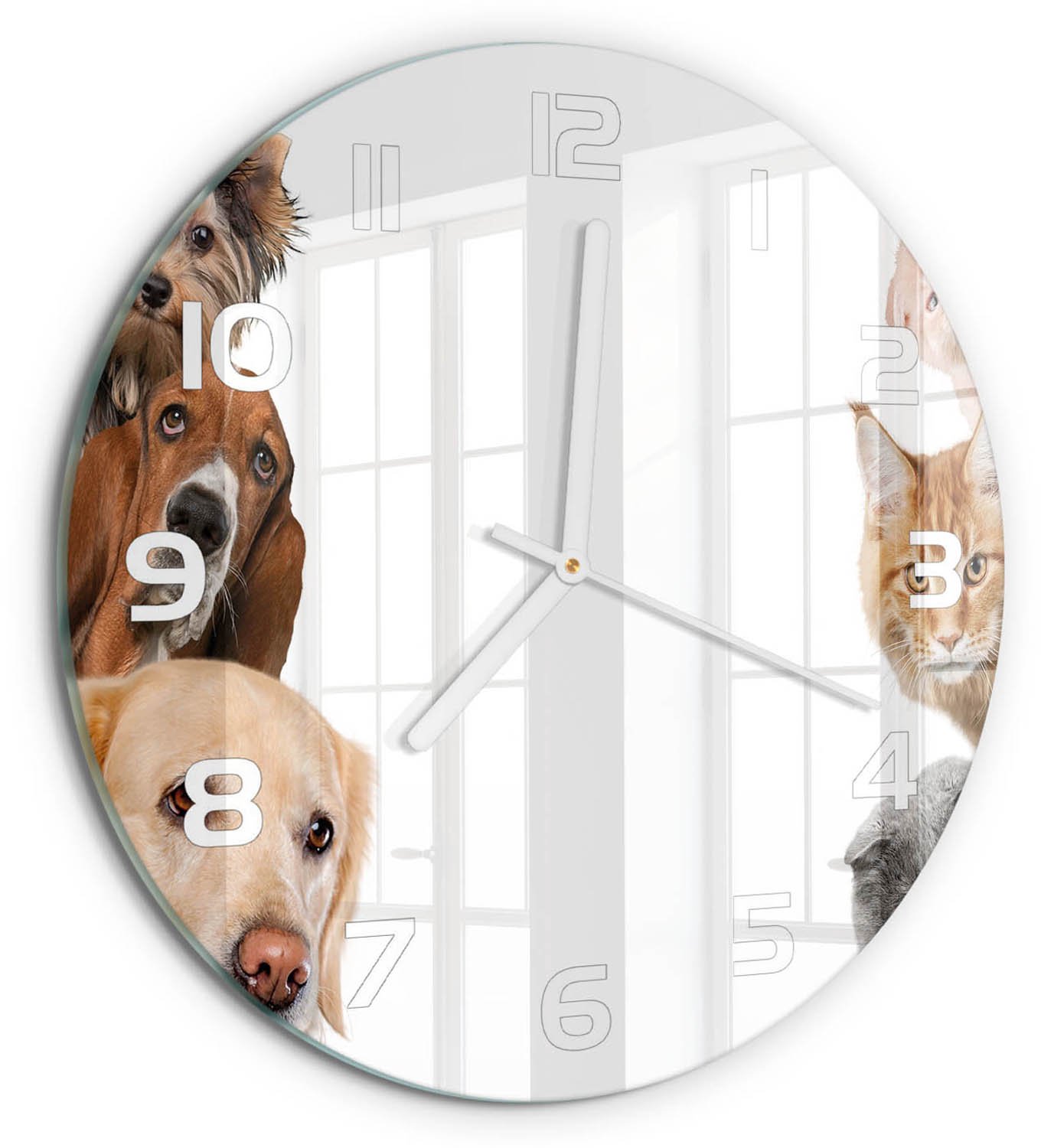 TULUP Wandklok - Honden en katten Glazen Klok Met Print - fi30 cm - Beige Wandklok Glas Met Motief - Witte handen - Ronde Klok - Wandklok Glas Decoratie - Gekleurde Glazen Klok
