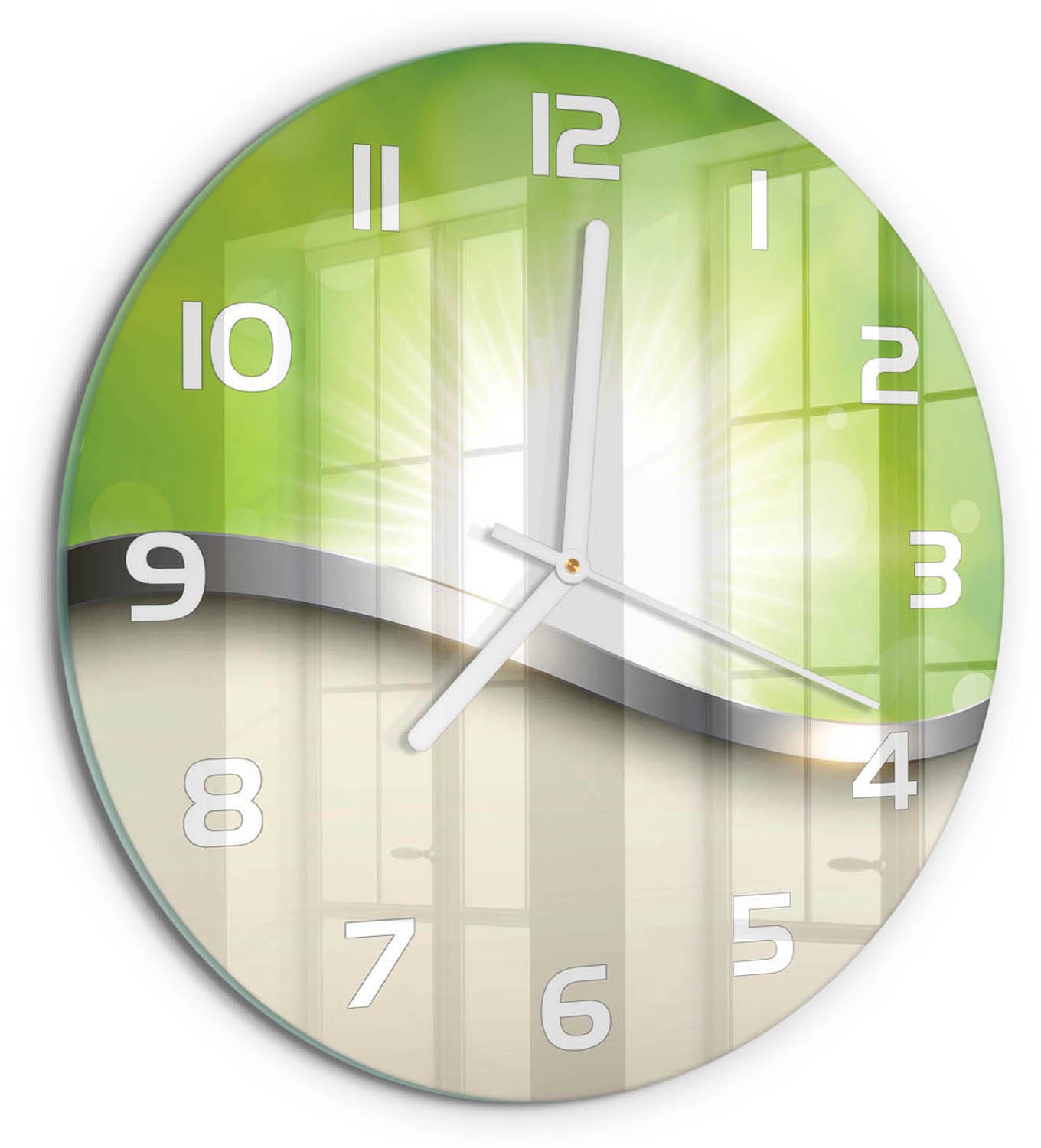 TULUP Wandklok - Groene abstractie Glazen Klok Met Print - fi30 cm - Groente Wandklok Glas Met Motief - Witte handen - Ronde Klok - Wandklok Glas Decoratie - Gekleurde Glazen Klok